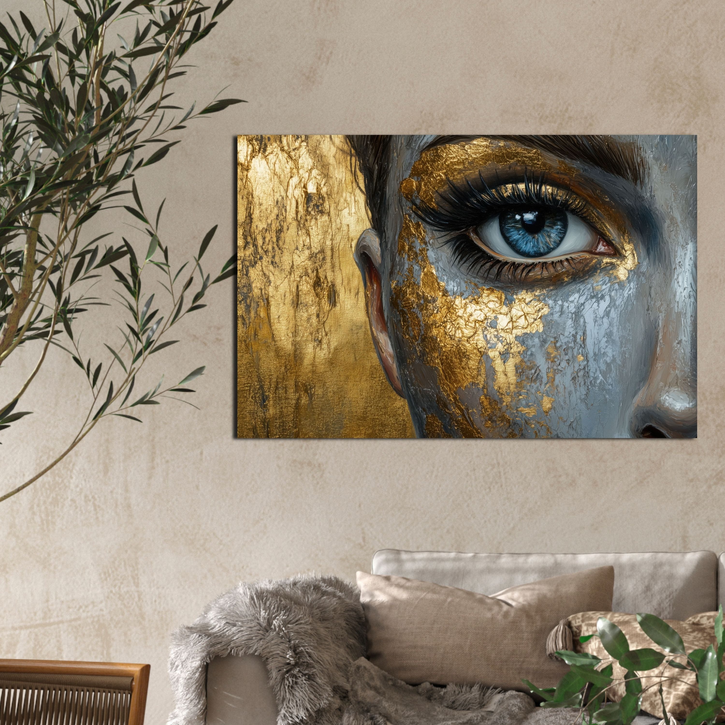 DARO Design Leinwandbild Modern Abstrakt Wandbilder XXL Wandbild Wand Deko Leinwand Bilder, (Gesicht Gold - Bild Groß Wohnzimmer Schlafzimmer Küche Esszimmer Ei – Bild 4 von 5