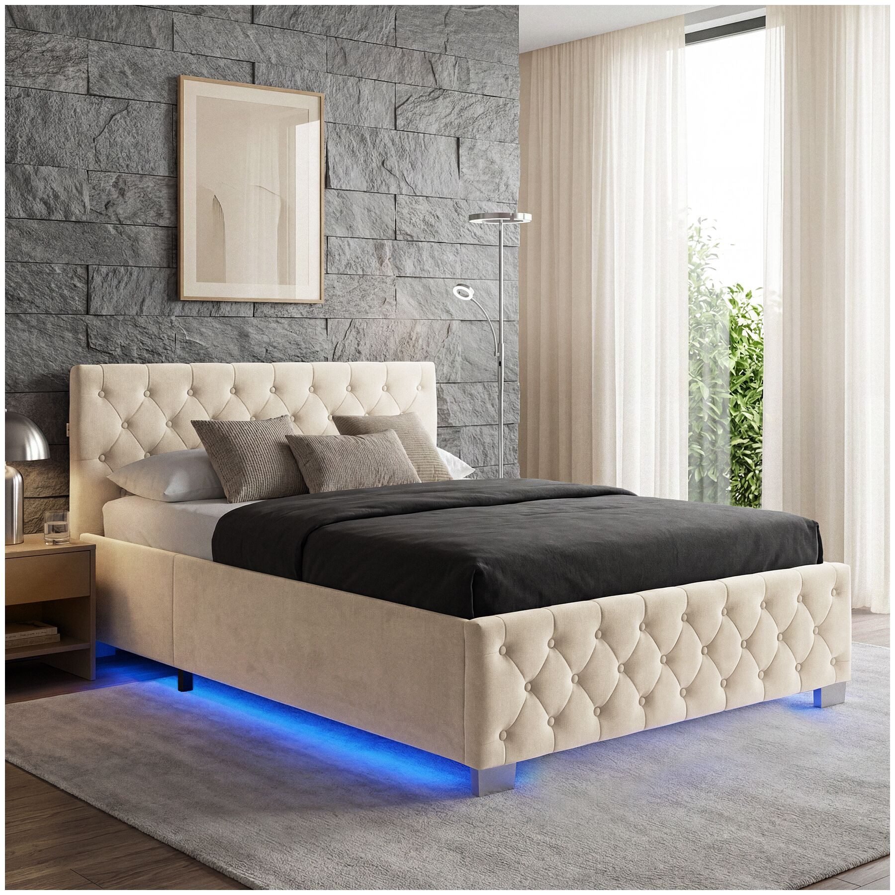 tectake Polsterbett Komfortbett mit LED-Leisten & Stauraum - Samtoptik mit Steppmuster (Bettset, in Samtoptik Sand), stabiler Stahlrahmen, Belastbarkeit 200 kg