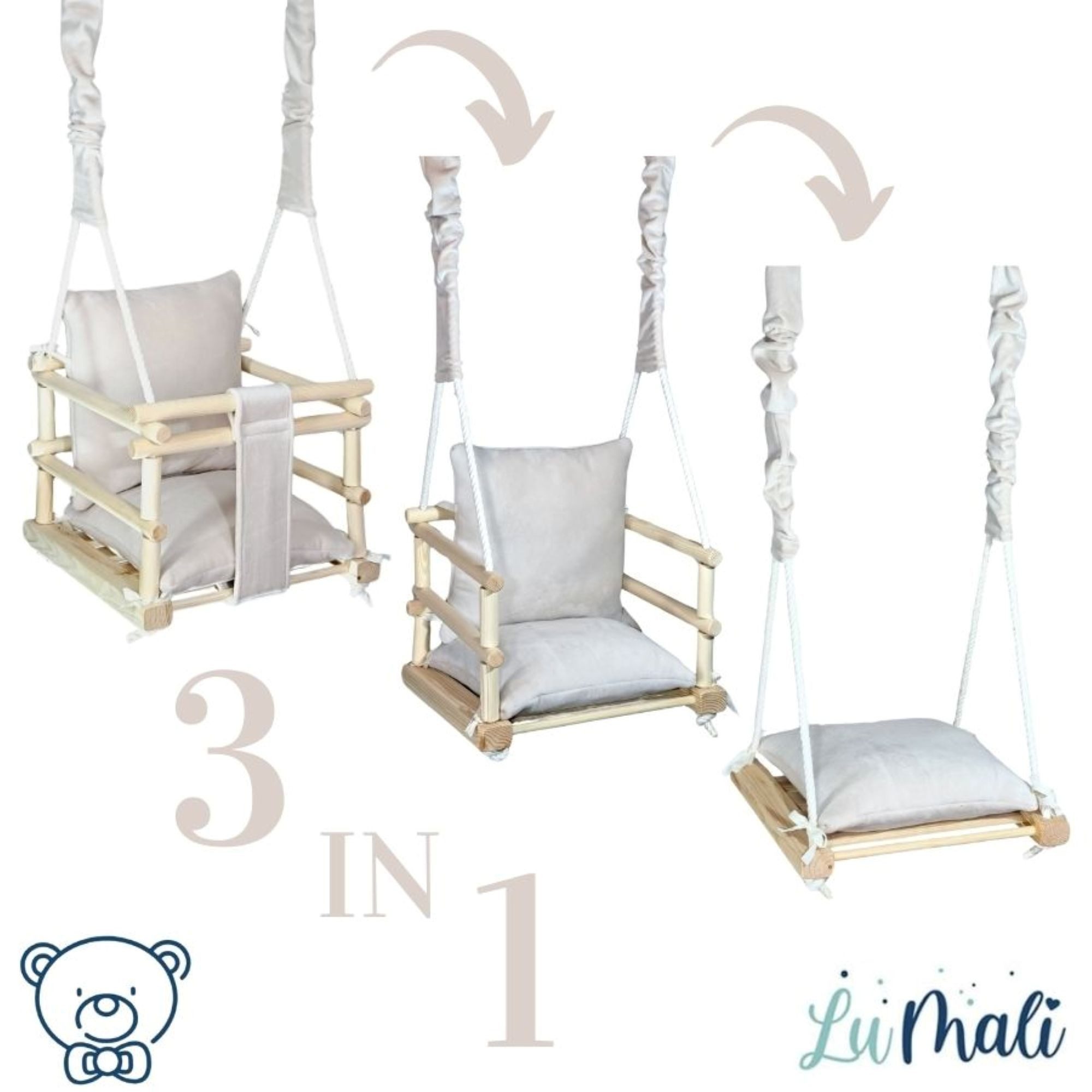 LuMali Babyschaukel Babyschaukel 3in1 Holz Sicherheitsgurt drinnen draußen 34x34x28cm, Kinderschaukel Naturholz Kiefer weich verstellbar 6-36 Monate