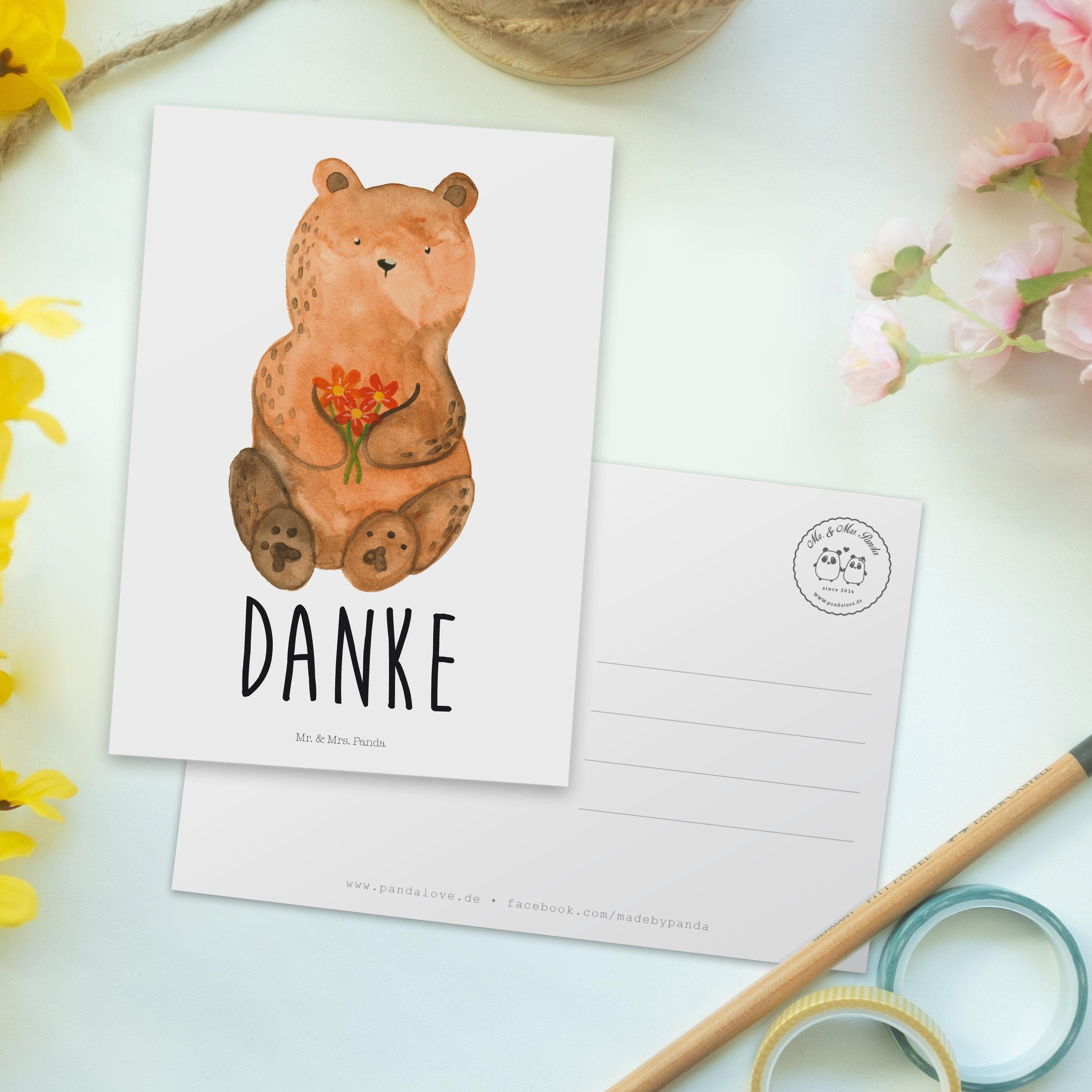 Panda - Mrs. - Blumen, Dankbär Karte, Geburtstagskarte, Grußkarte Mr. Weiß Geschenk, & Postkarte