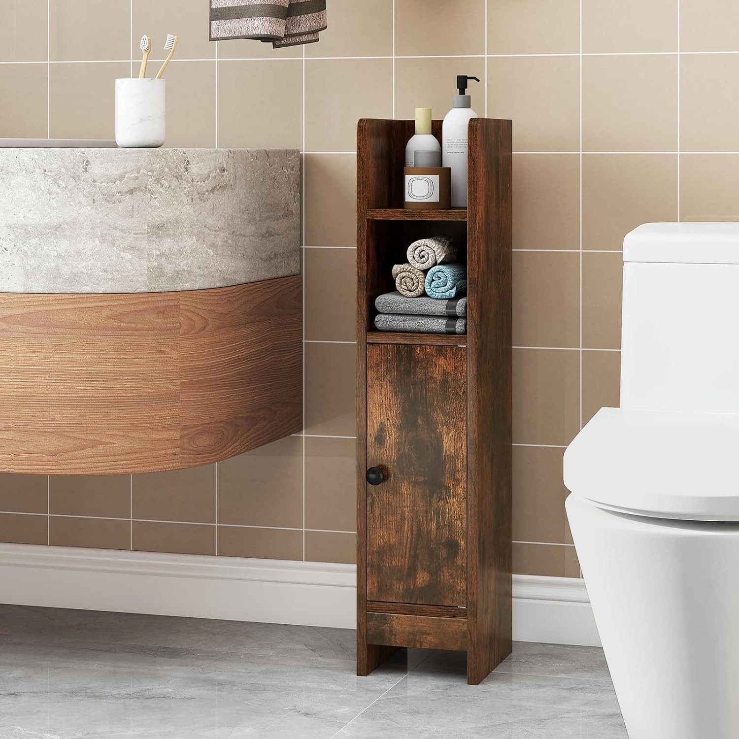 KOMFOTTEU Badregal Badezimmerschrank, Badschrank mit 3-stufig verstellbarem Regal – Bild 2 von 5