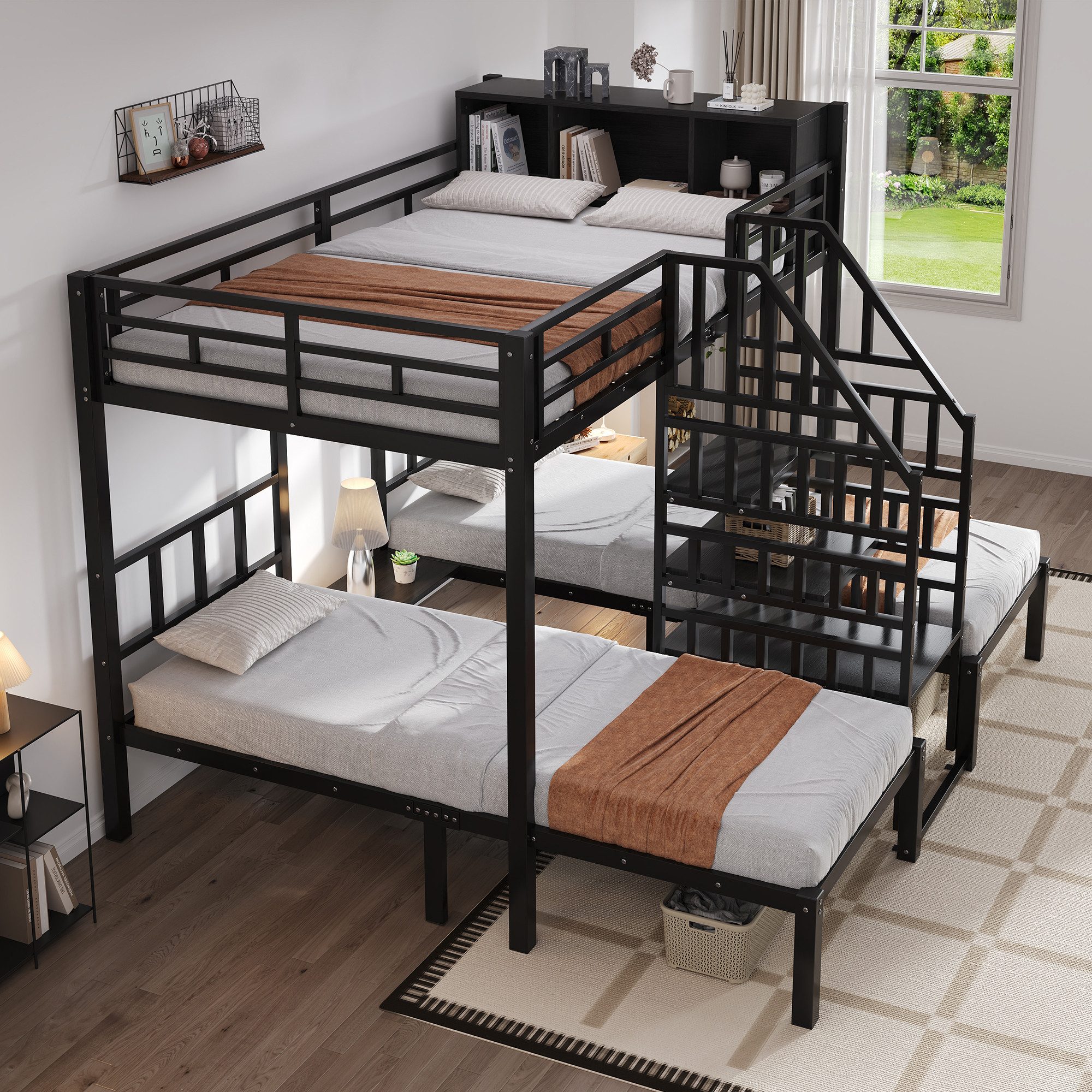 Flieks Etagenbett, Eisenbett Dreierbett 90x200cm*2&140x200cm*1 mit Stauraum und Treppe