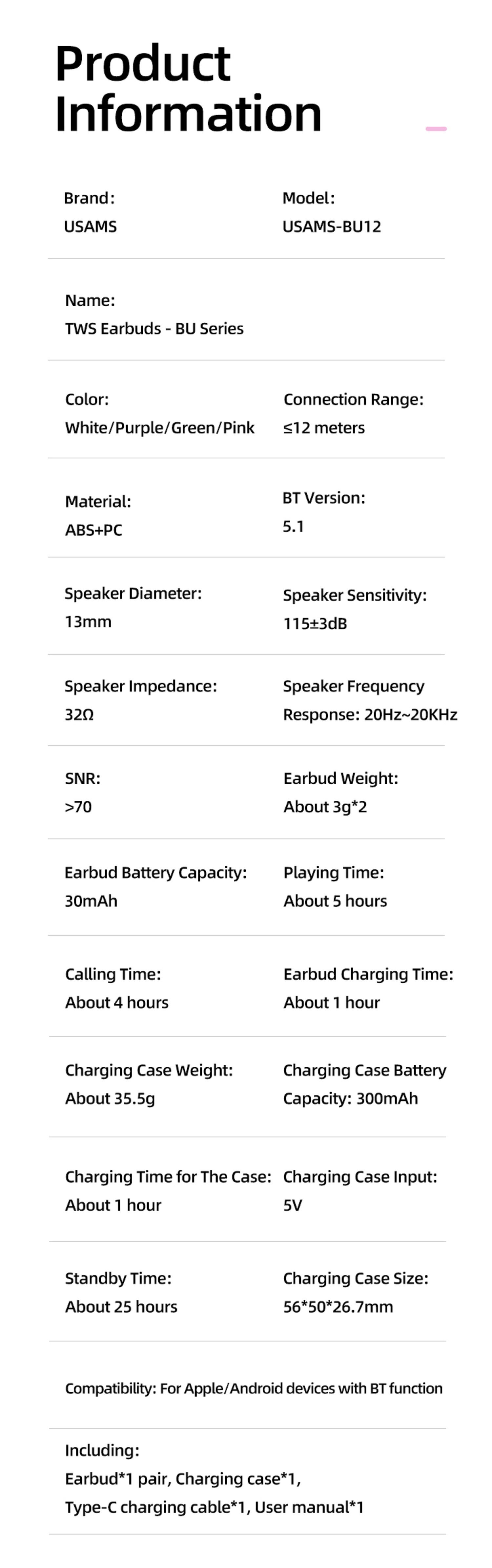 USAMS BU12 TWS Lila für Apple, Control, Samsung, LG 5.1 Touch (Bluetooth Mikrofon usw) Ladebox Kabellos Huawei, In-Ear Ohrhörer Smartphome, Bluetooth, 5.1, BT mit Bluetooth-Kopfhörer
