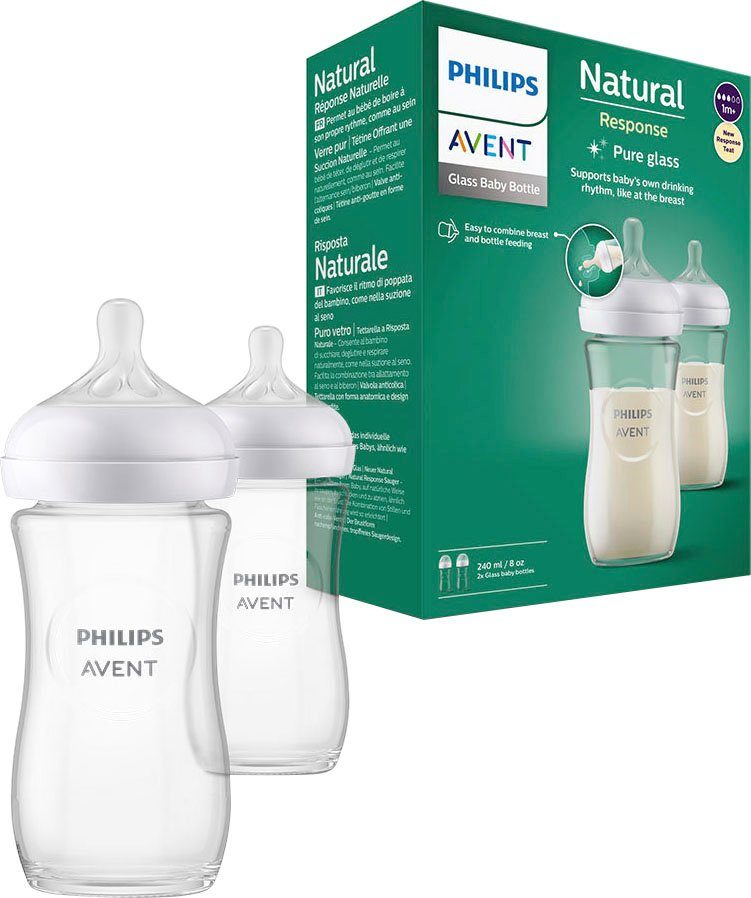 Philips AVENT Babyflasche Natural Response SCY933/02, 2 Stück, 240ml, Glas, ab dem 1. Monat