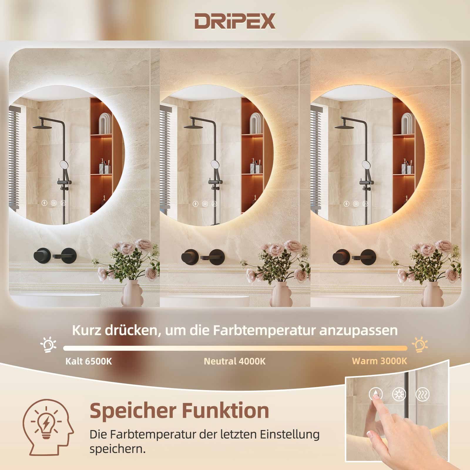 Dripex Badspiegel Badezimmerspiegel mit Beleuchtung, LED Spiegel Bad, beleuchteter Spiegel im Form Rund/Rechteckig/Asymmetrisch