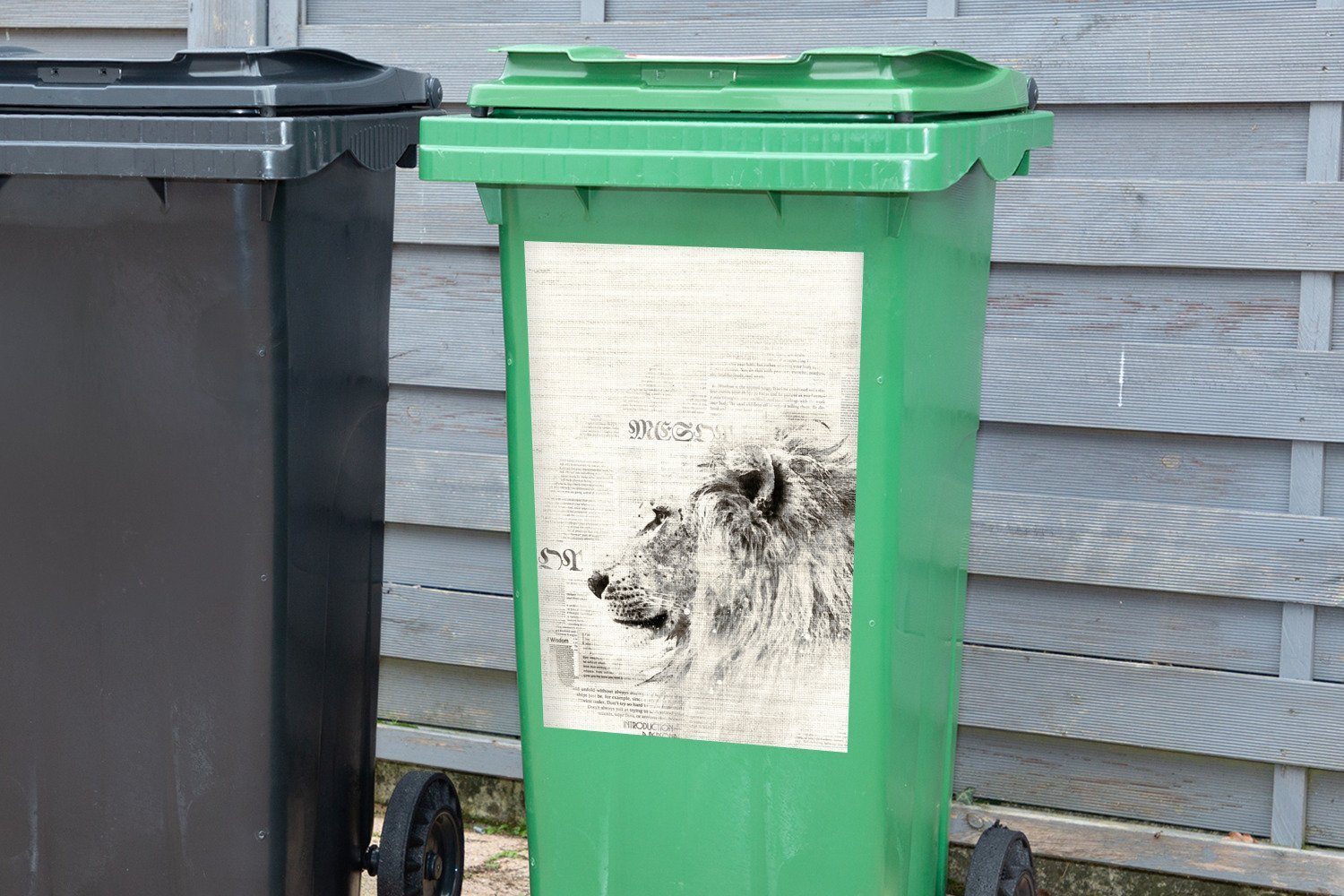 Mülltonne, Löwe - Zeitung (1 Mülleimer-aufkleber, MuchoWow Sticker, - Abfalbehälter - Weiß Schwarz Container, Wandsticker St),