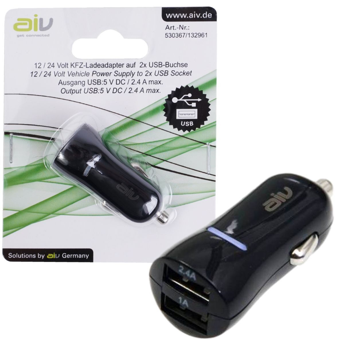 AIV Dual KFZ 3,4A USB Ladegerät 12V 24V Lader 2x Port KFZ-Netzteil (Mini Format Lade-Adapter mit LED, für Handy, Navi, MP3-Player etc)