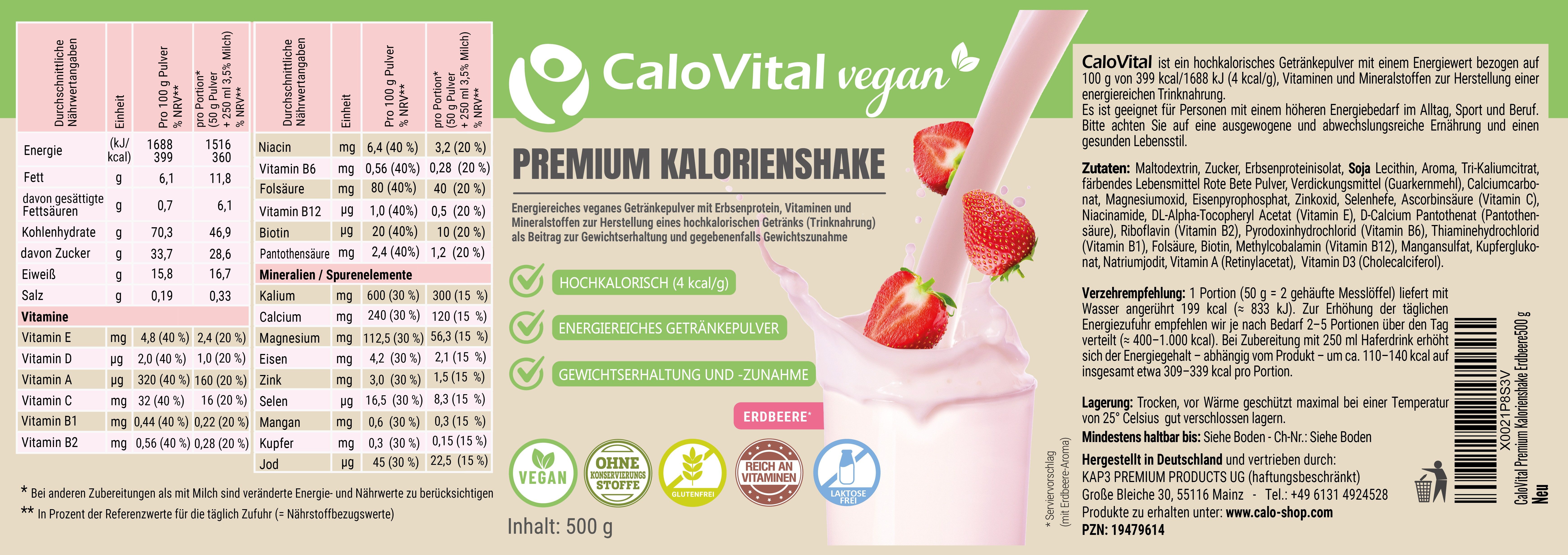 CaloVital Zunehmen Hochkalorische Trinknahrung Vegane Kalorien CaloVital 500g Pulver, 500 g