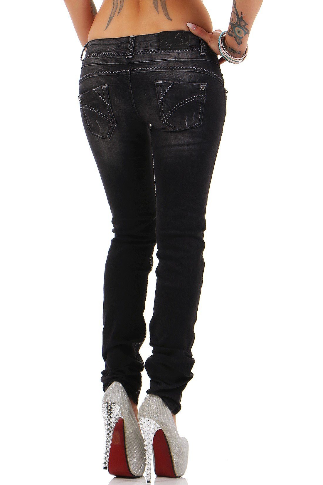Cipo & Baxx Slim-fit-Jeans Damen Slim Fit Hose Stonewashed BA-CBW0655 mit Dicken Nähten und Destroyed-Effekten