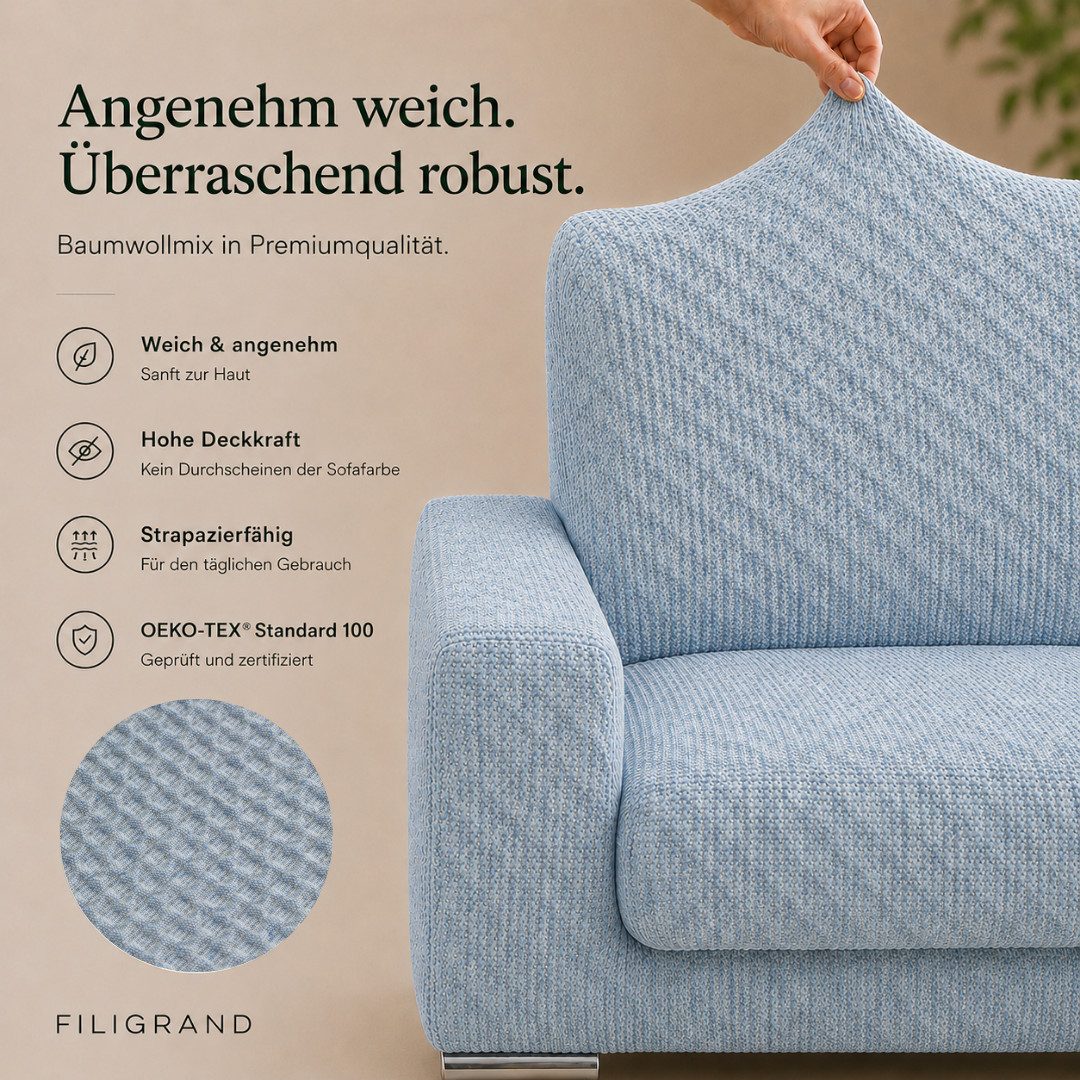 Belmarti Sofahusse 1-teiliger Sofabezug für L-Form mit Ottomane, hergestellt in Spanien, elastisches Material, hochwertiger und langlebiger Baumwollmix