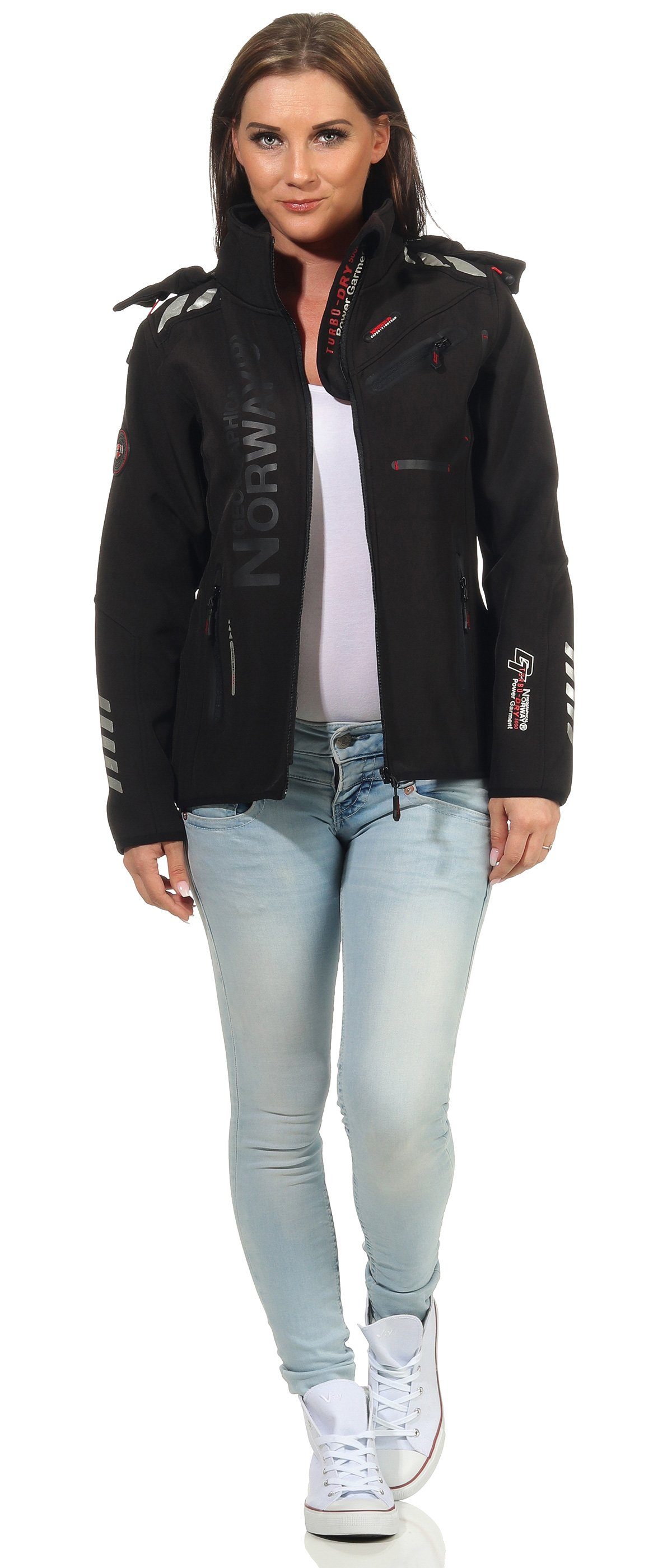 Geographical Norway Softshelljacke Damen Softshell Windbreaker Regen Outdoor Jacke in Unifarbe, mit abnehmbarer Kapuze, mit Stehkragen