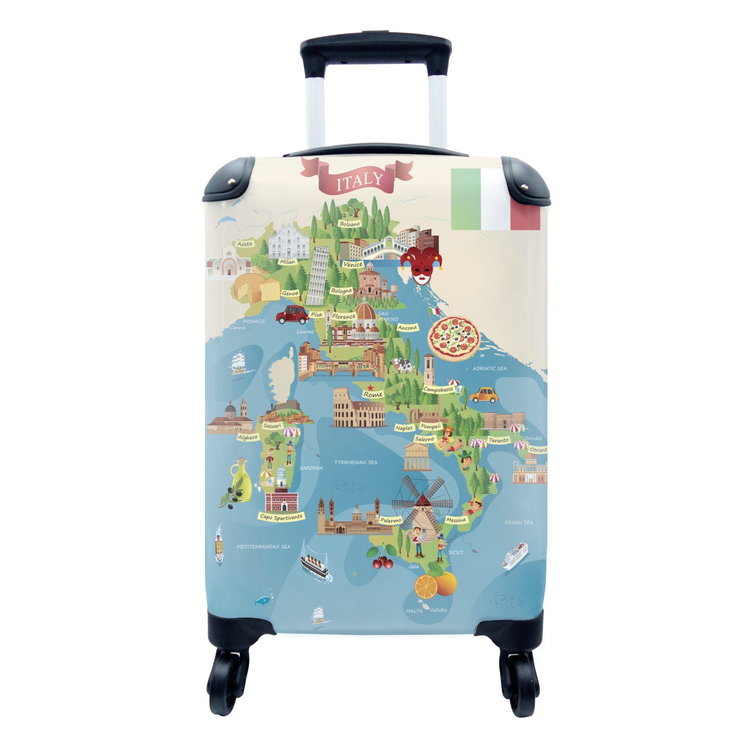 MuchoWow Handgepäckkoffer Karte - Italien - Illustration, 4 Rollen, Reisetasche mit rollen, Handgepäck für Ferien, Trolley, Reisekoffer