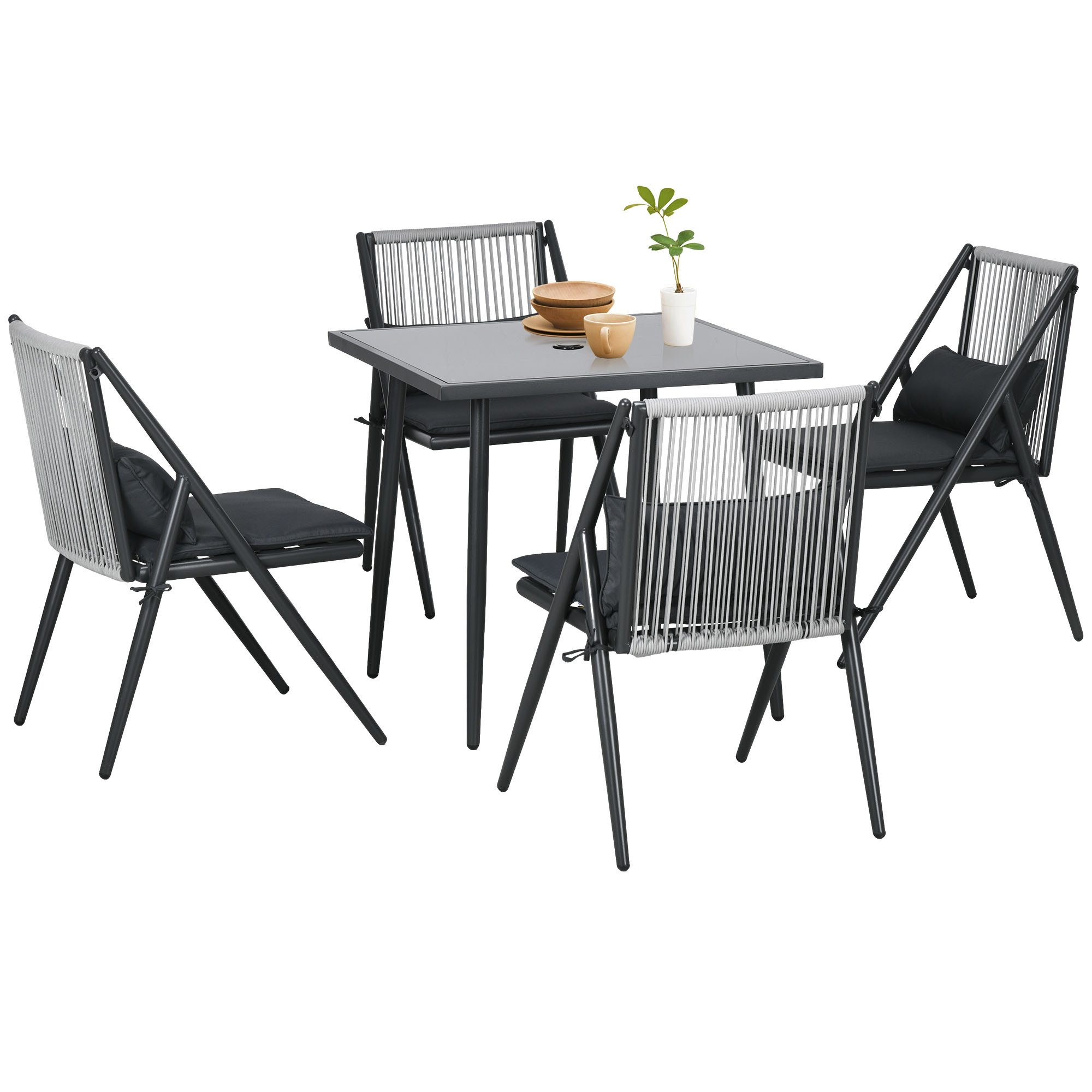 Outsunny Garten-Essgruppe 5 tlg. Gartenmöbel-Set, Balkonmöbel-Set mit 1 Tisch, 4 Stühlen, (Sitzgruppe, 5-tlg., Gartengarnitur), für Balkon, Terrasse, Polyester, Dunkelgrau