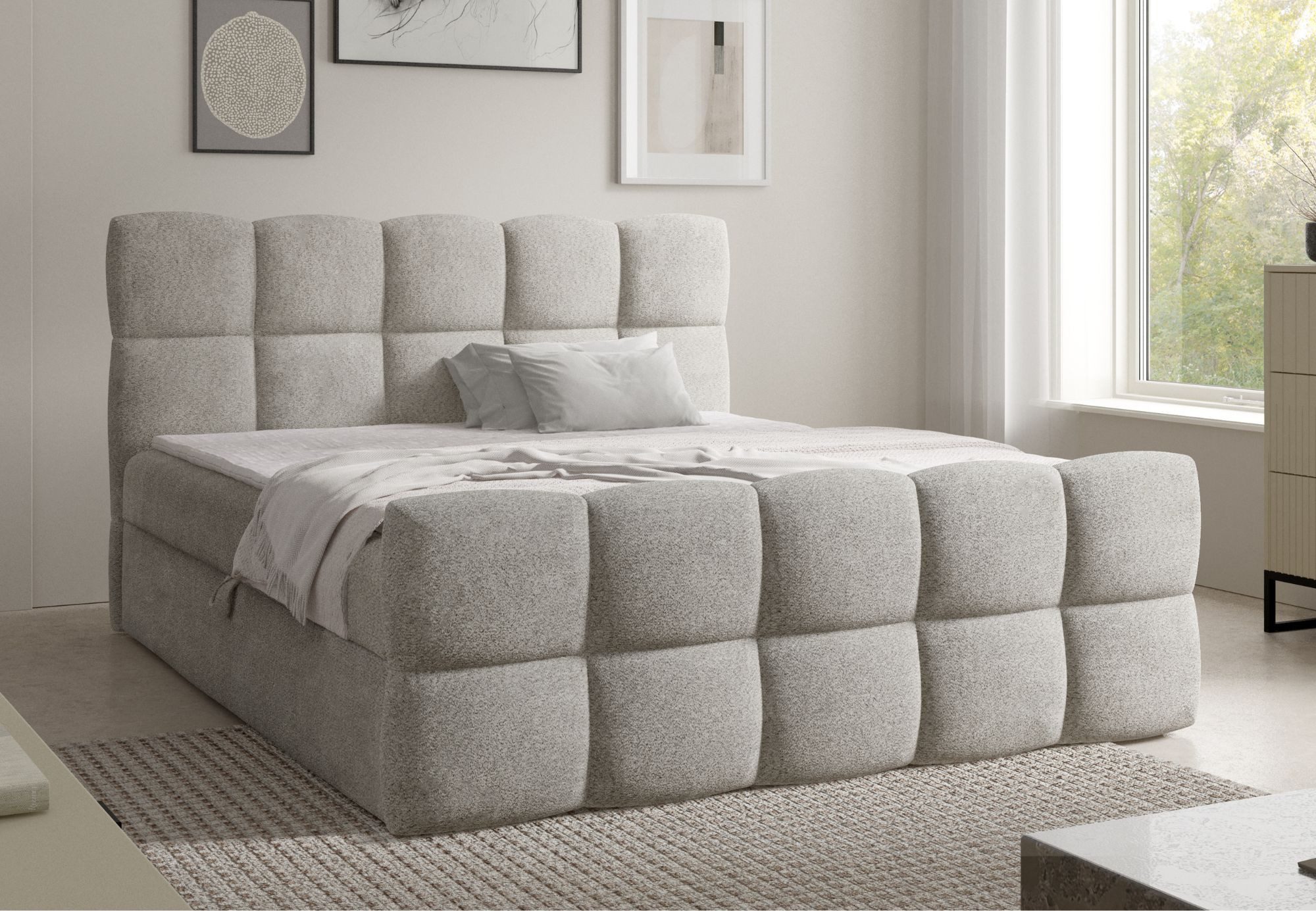 Home Collective Boxspringbett Polsterbett Doppelbett Bubble Bett mit Stauraum, Topper, viele Größen (Verfügbare Größen: 120x200, 140x200, 160x200, 180x200, 200x200 cm), komfortable Liegehöhe edles Design mit Steppung Hellgrau