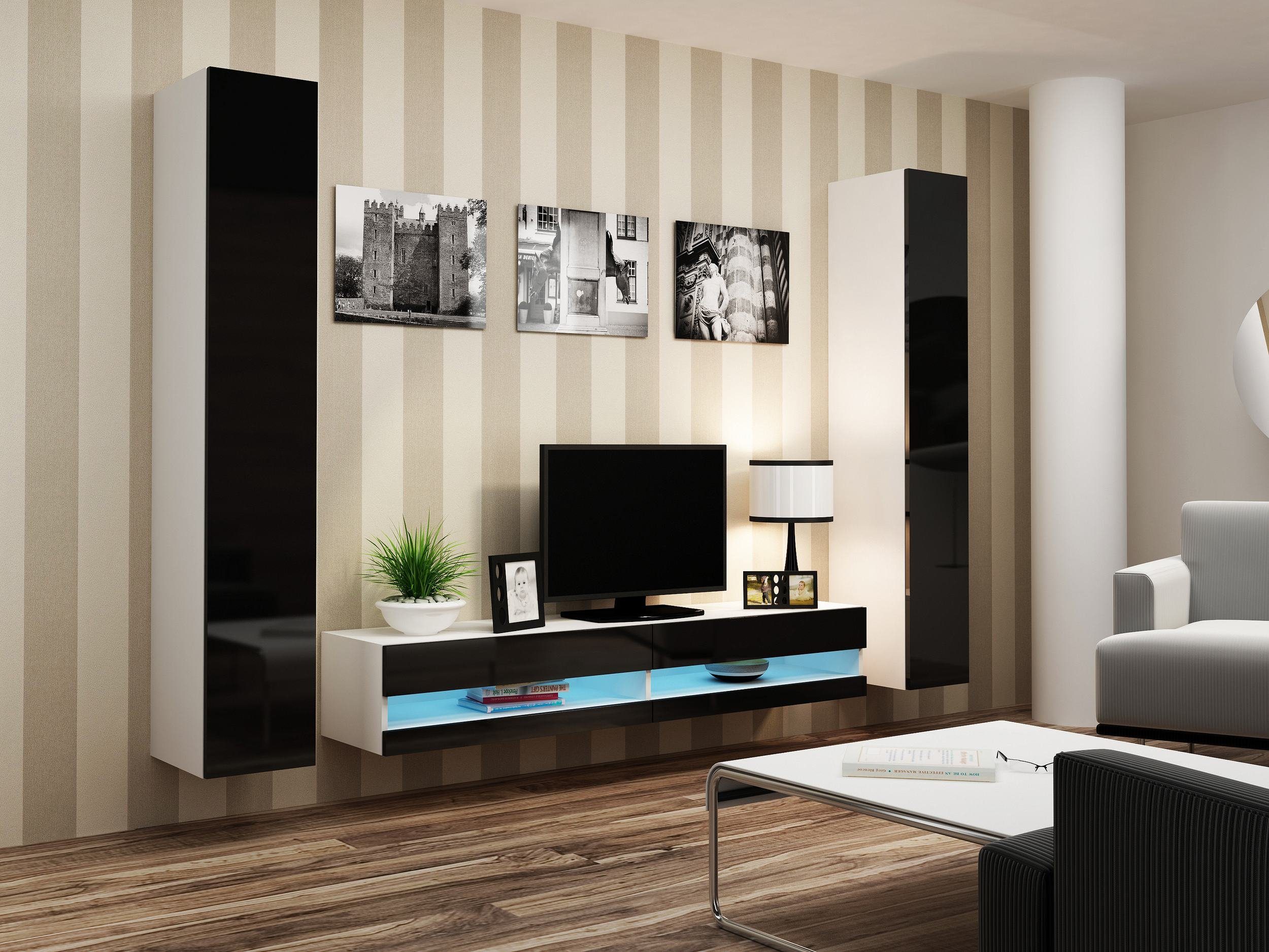 Stylefy Wohnwand Vago N IV, (Set (3-St), Wohnmöbel, Wohnzimmer-Set), bestehend aus 1xLowboard und 2xHängeschrank, Hochglanzfronten, mit Push-to-Open, inkl. LED-Beleuchtung Weiß/Schwarz