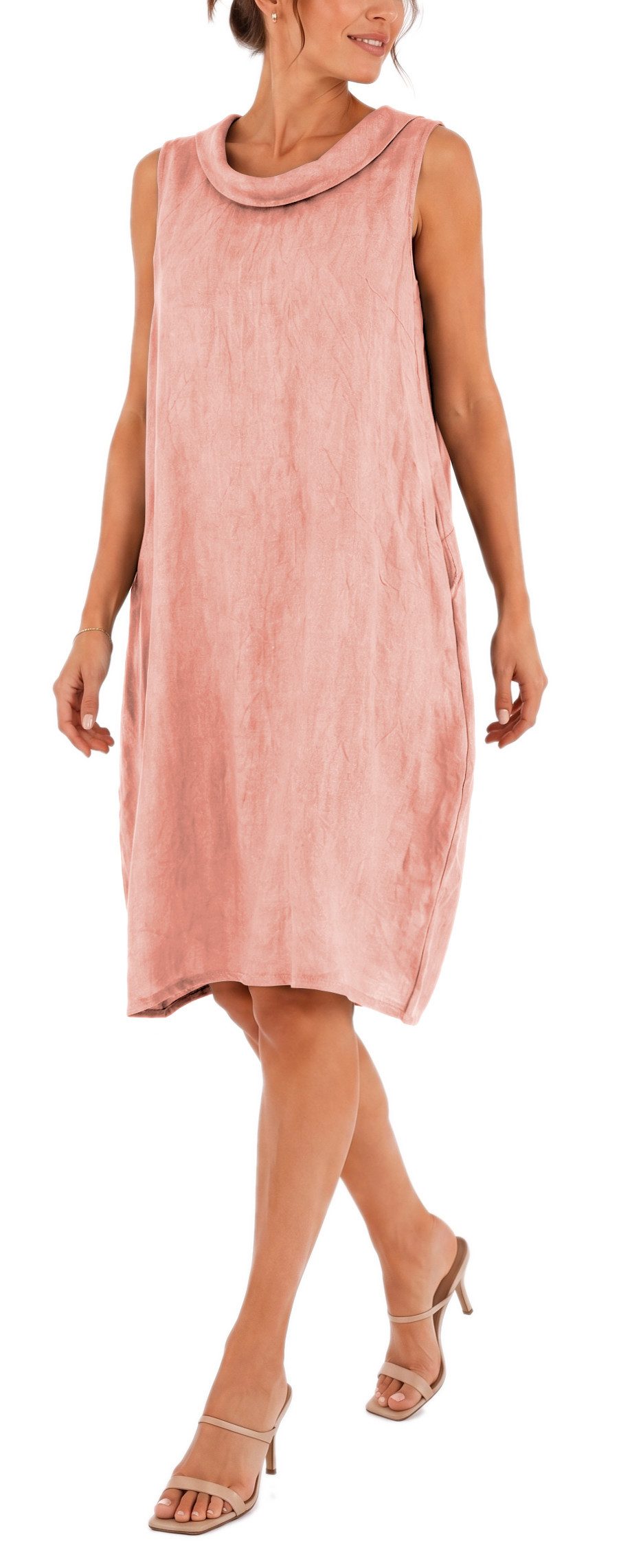 dy_mode Midikleid Damen Leinenkleid Luftiges Midi Sommerkleid Ballonkleid Strandkleid in Unifarbe, Wasserfallkragen, mit seitlichen Eingriffstaschen