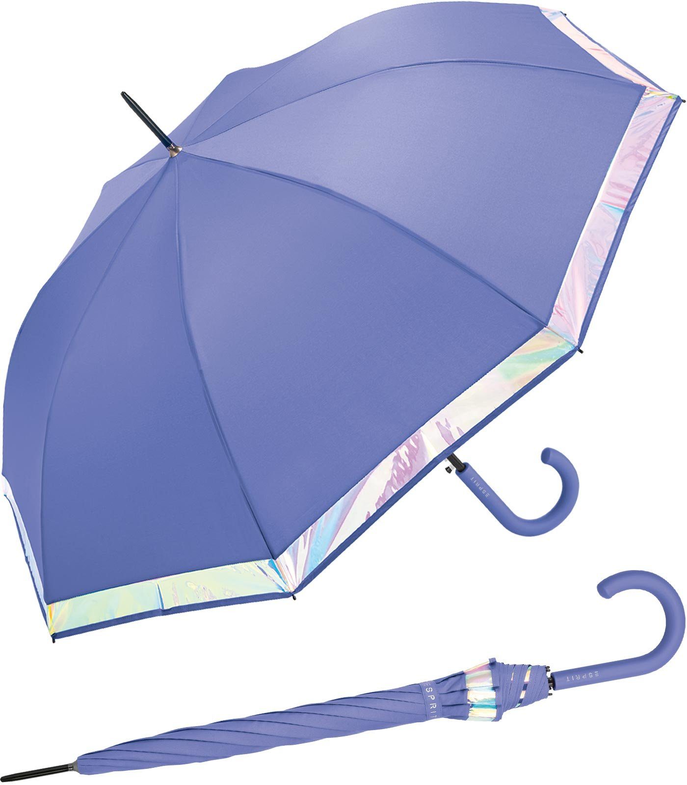 Esprit Langregenschirm Damen Regenschirm mit Automatik Shiny Border, groß und stabil, mit schimmernder Borte