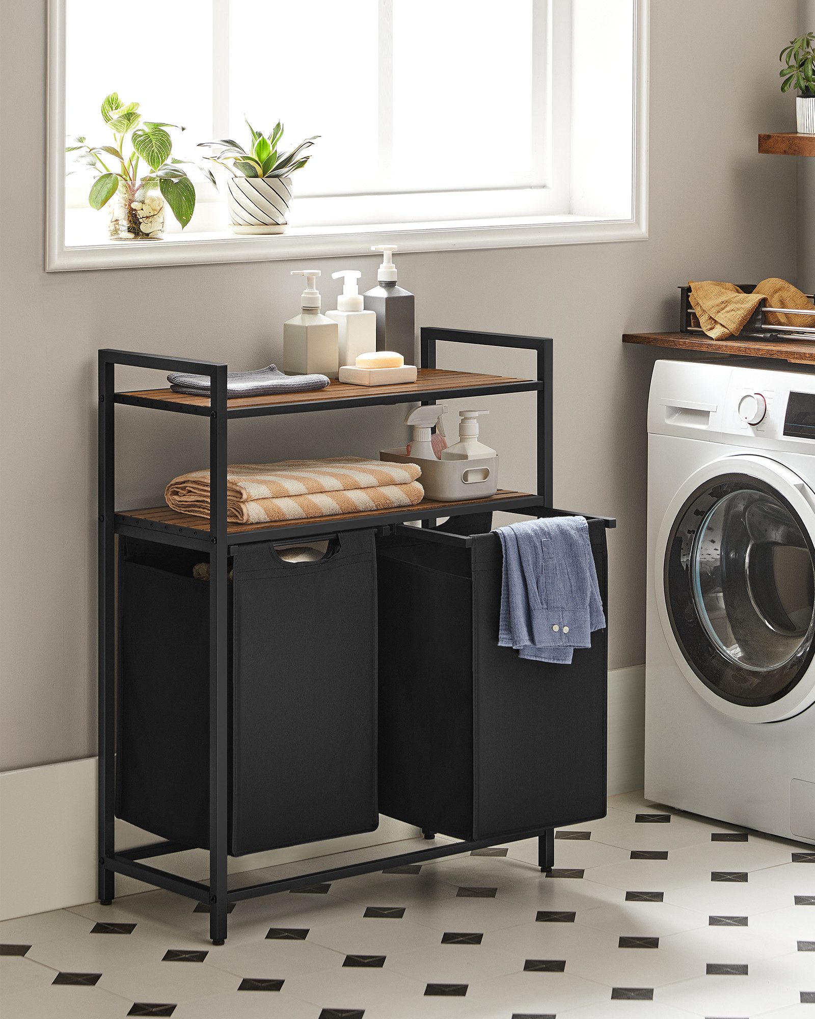 VASAGLE Wäschekorb, 2 Fächer, 2 Ablagen, einfach abnehmbar, 2 x 46 Liter günstig online kaufen