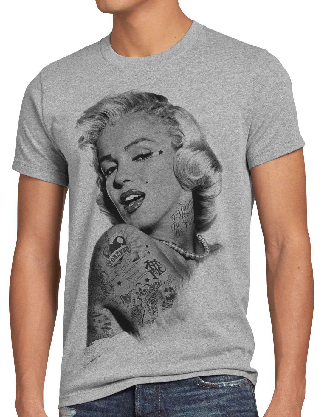 style3 Print-Shirt Herren T-Shirt Tattoo Marilyn inked rock punk star marylin monroe tätowiert gun grau meliert