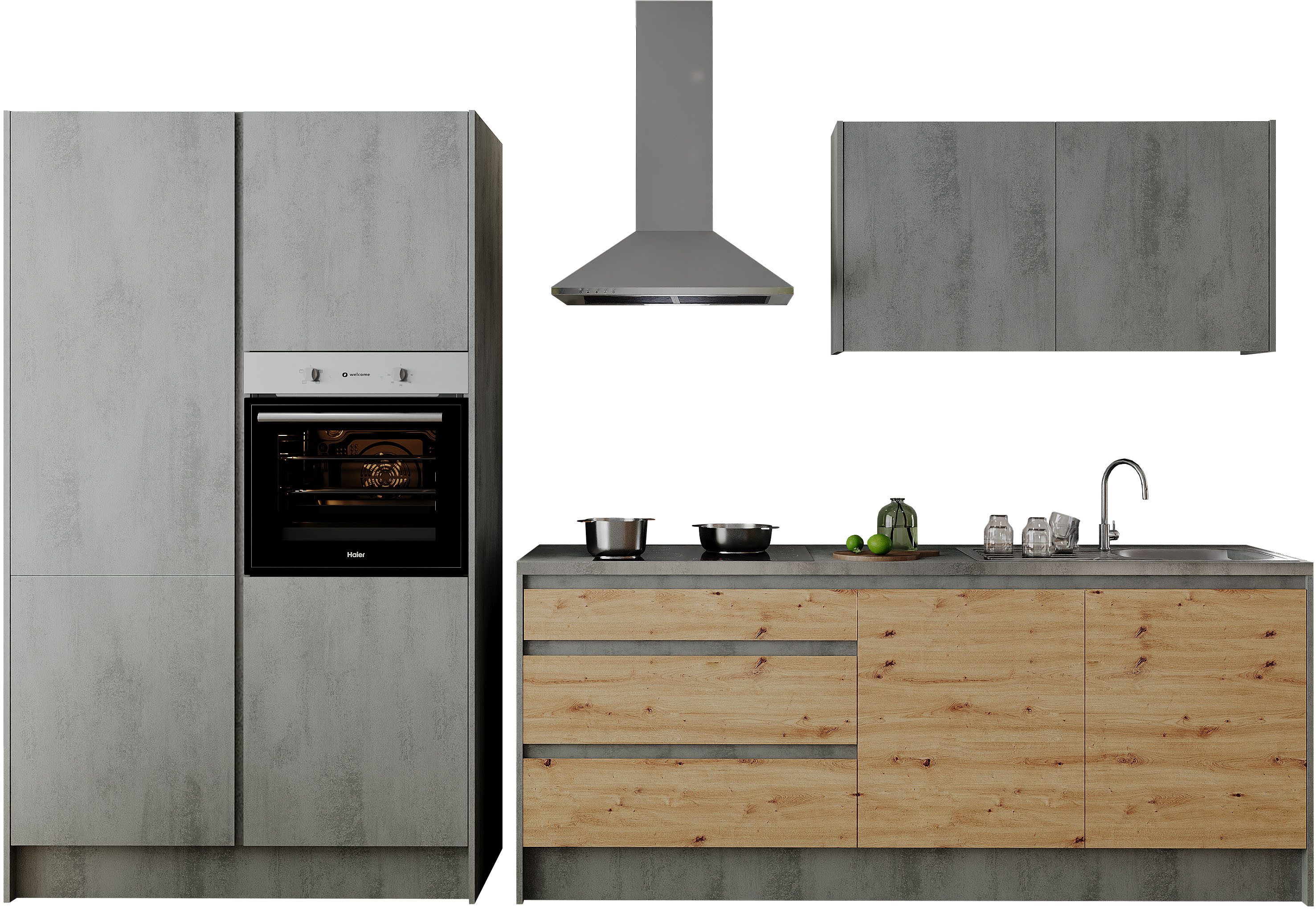 BASIC by Balculina Küchenzeile Isis B/T/H 335x60x210 cm, Breite 273 cm, wahlweise mit E-Geräten und Induktionskochfeld