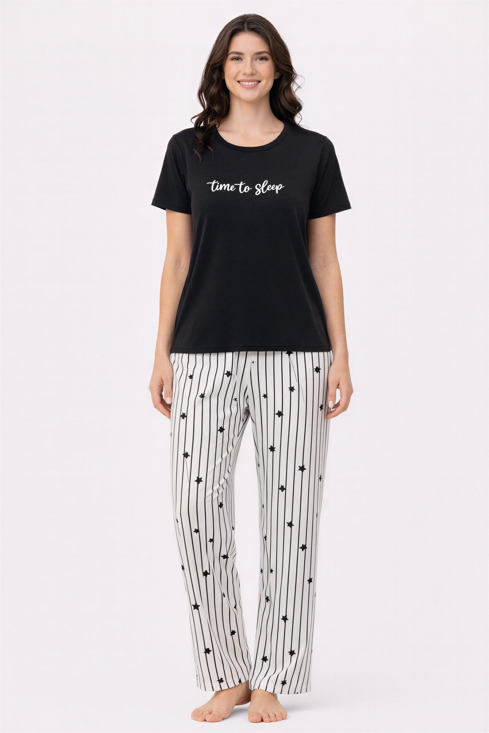 fashionshowcase Pyjama Damen Hausanzug - Schlafanzug mit T-Shirt & langer Hose, 3 Designs (2 tlg., 2-teiliges Set) Print auf dem Oberteil, gestreifte oder gemusterte Hose