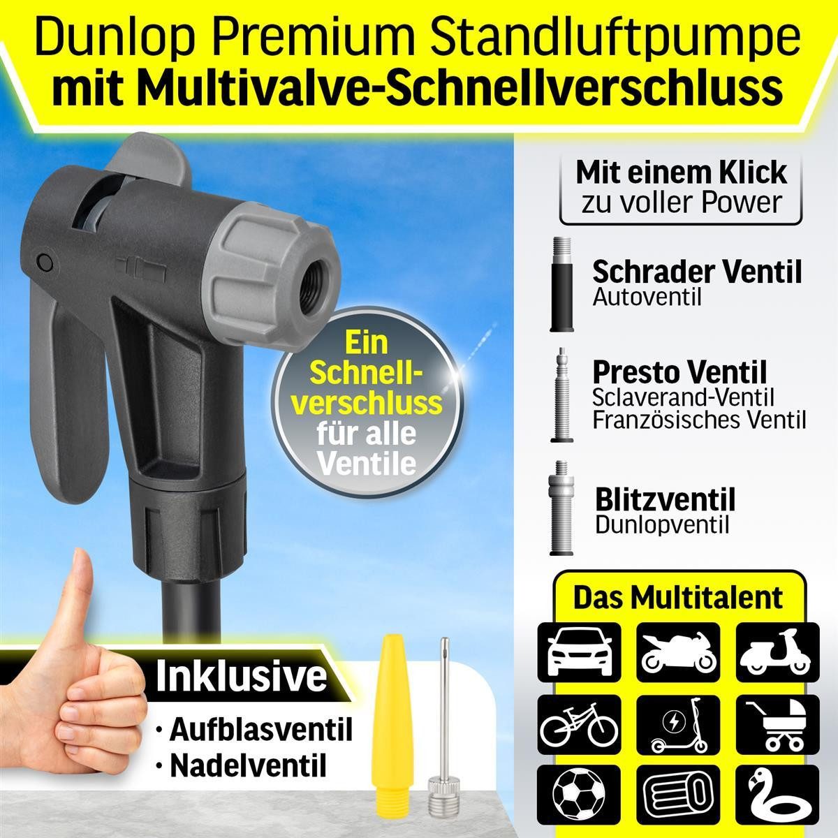 Dunlop Fahrradpumpe Luftpumpe Premium Standpumpe Fahrradpumpe alle Ventile bis 11 bar, Premium Standpumpe aus Aluminium bis 11 bar