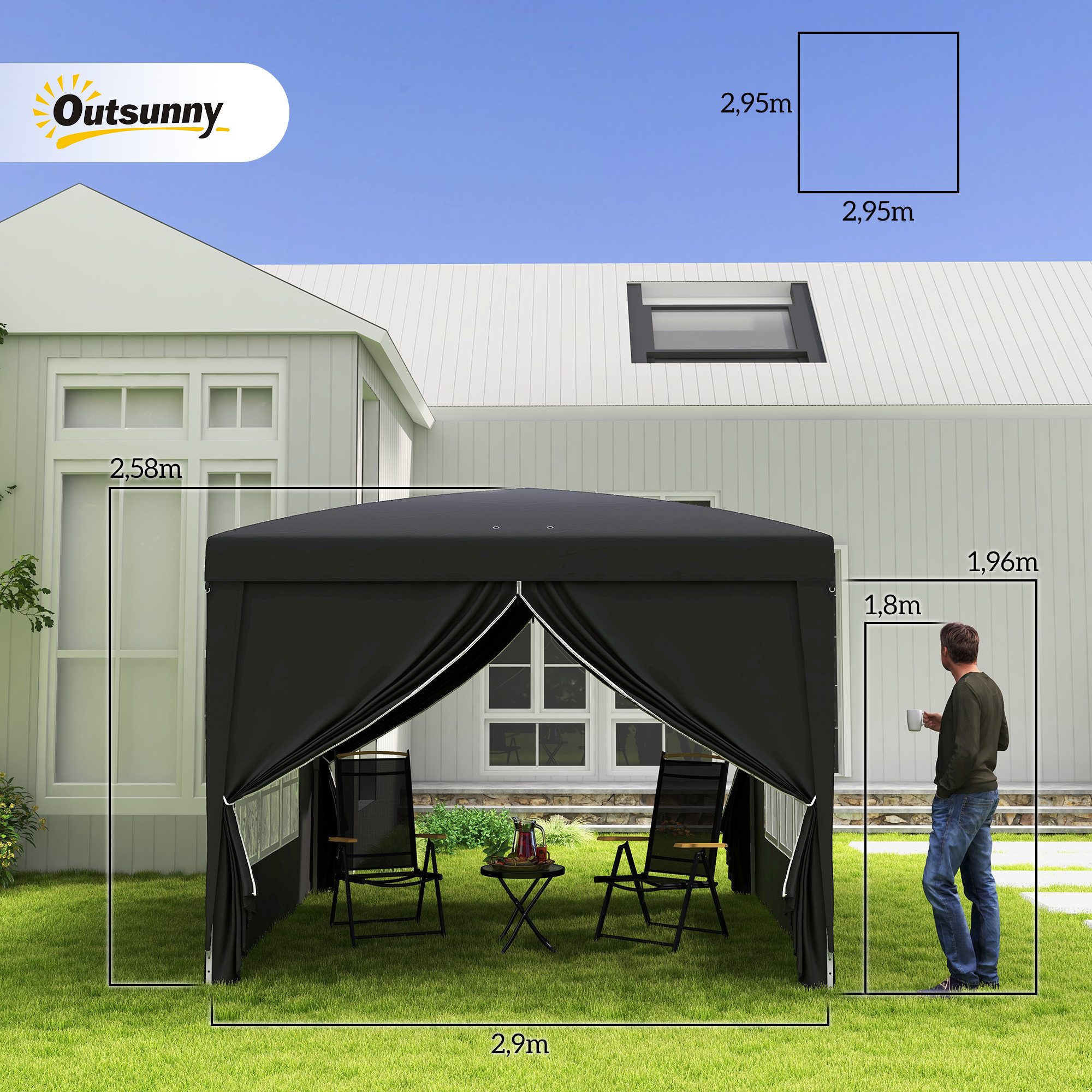 Outsunny Faltpavillon 3x3m, wasserabweisend stabil winterfest, UV Schutz 50+, faltbar, mit 4 Seitenteilen, (Pop-up Pavillon, Partyzelt), mit 4 Seitenteilen, Tasche, für Camping, Garten, Schwarz