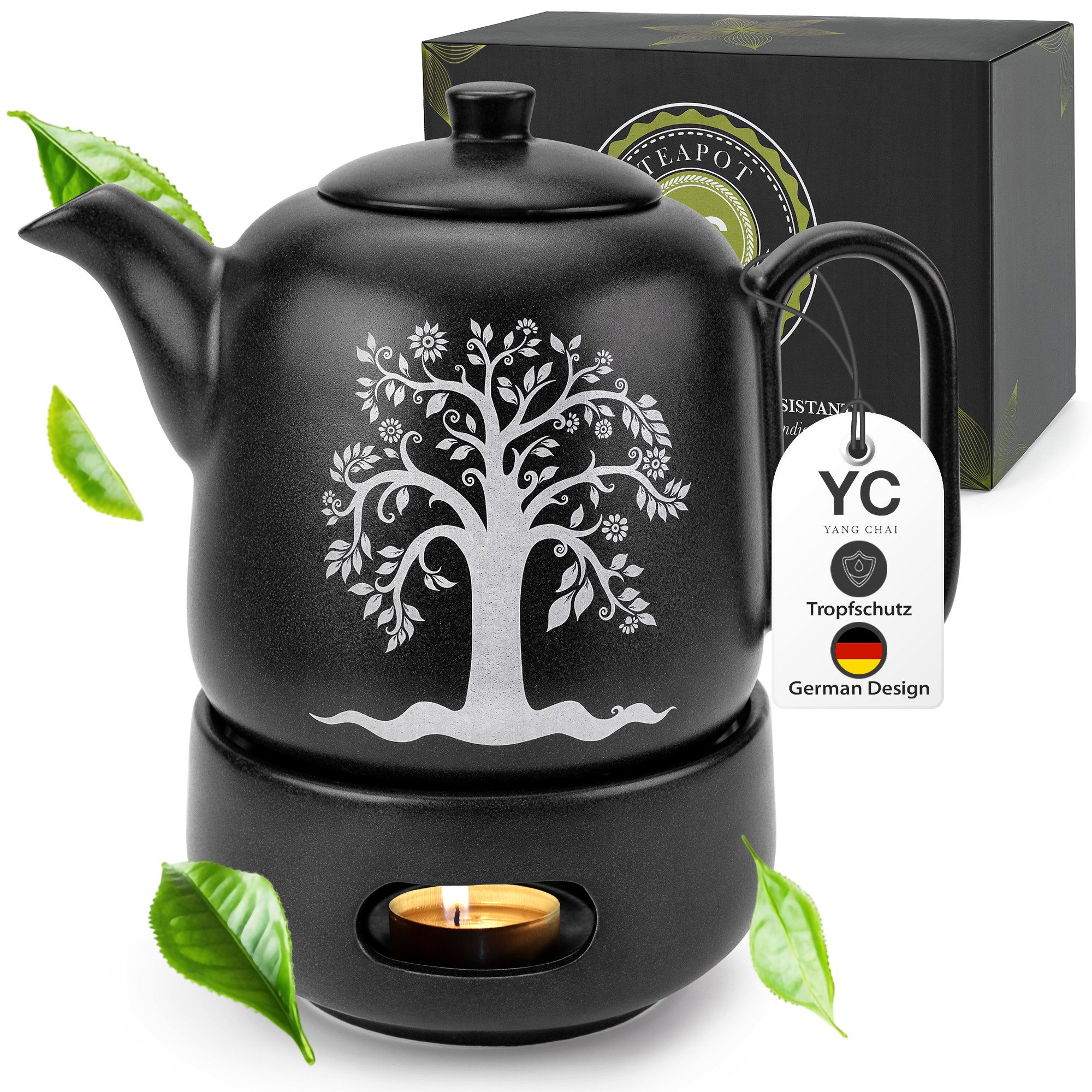Yang Chai Teekanne Keramik mit Sieb, 1.3 l, (Keramik Tee Kanne mit Siebeinsatz, Tee Zubehör für Losen Tee), Tropffrei & Hitzebeständig