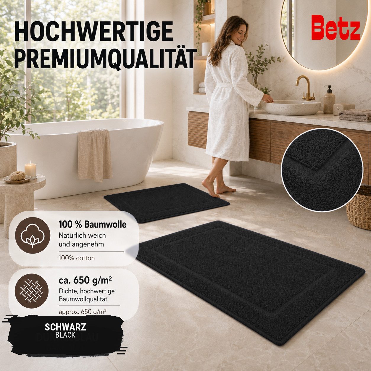 Betz Badematte 2 Stück Badvorleger Premium Badteppich Größe 50x70 cm, unbeschichtet, beidseitig nutzbar, beidseitig nutzbar, Baumwolle, Qualität 650g/m² – Bild 4 von 5