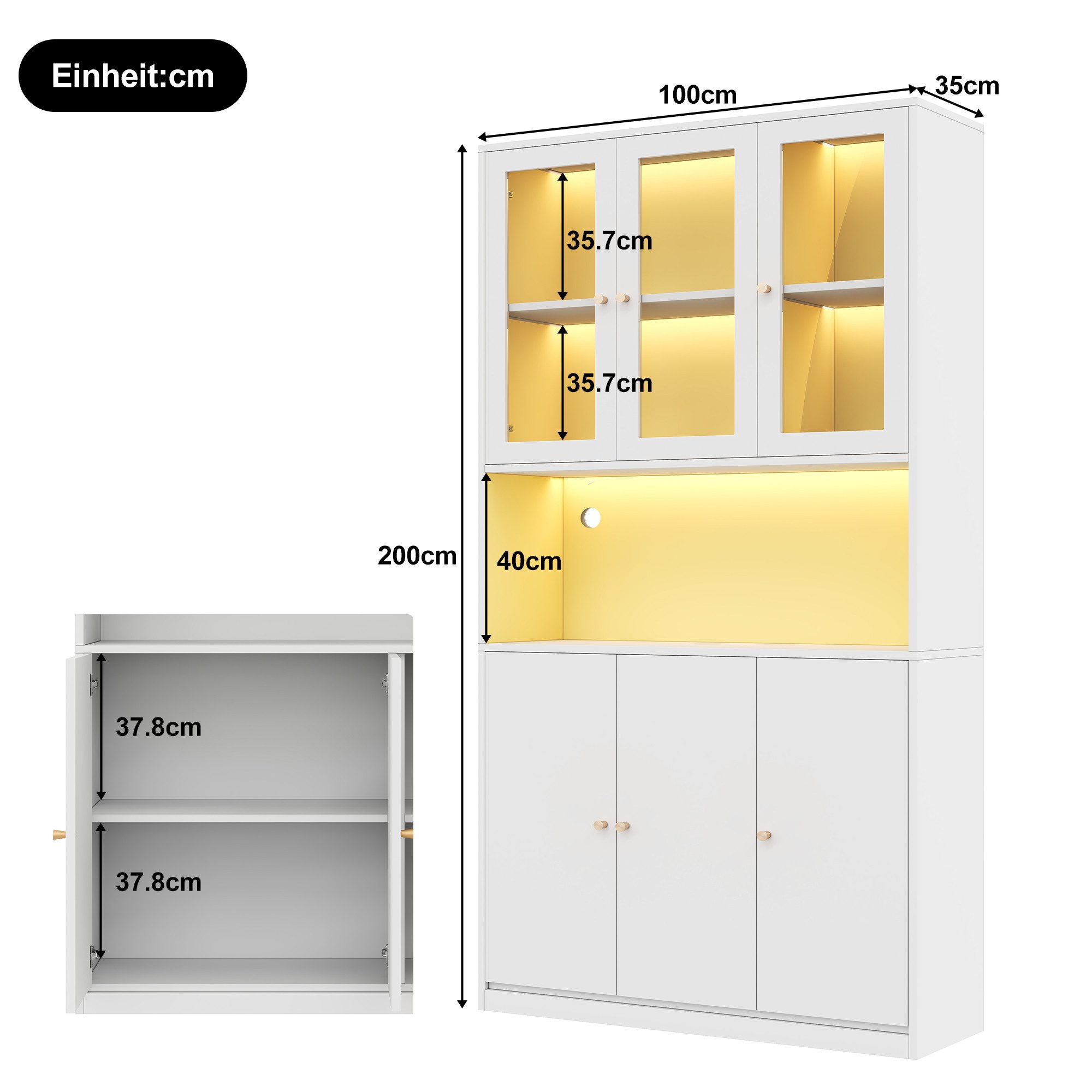 Odikalo Vitrine Küchenschrank Vitrineschrank Bücherregal mit LED (100×35×200 cm mit Glastüren und LED-Beleuchtung – Standregal mit Vitrine, offenem Fach und 3 Türen, Aktenschrank für Ordner und Bücher)