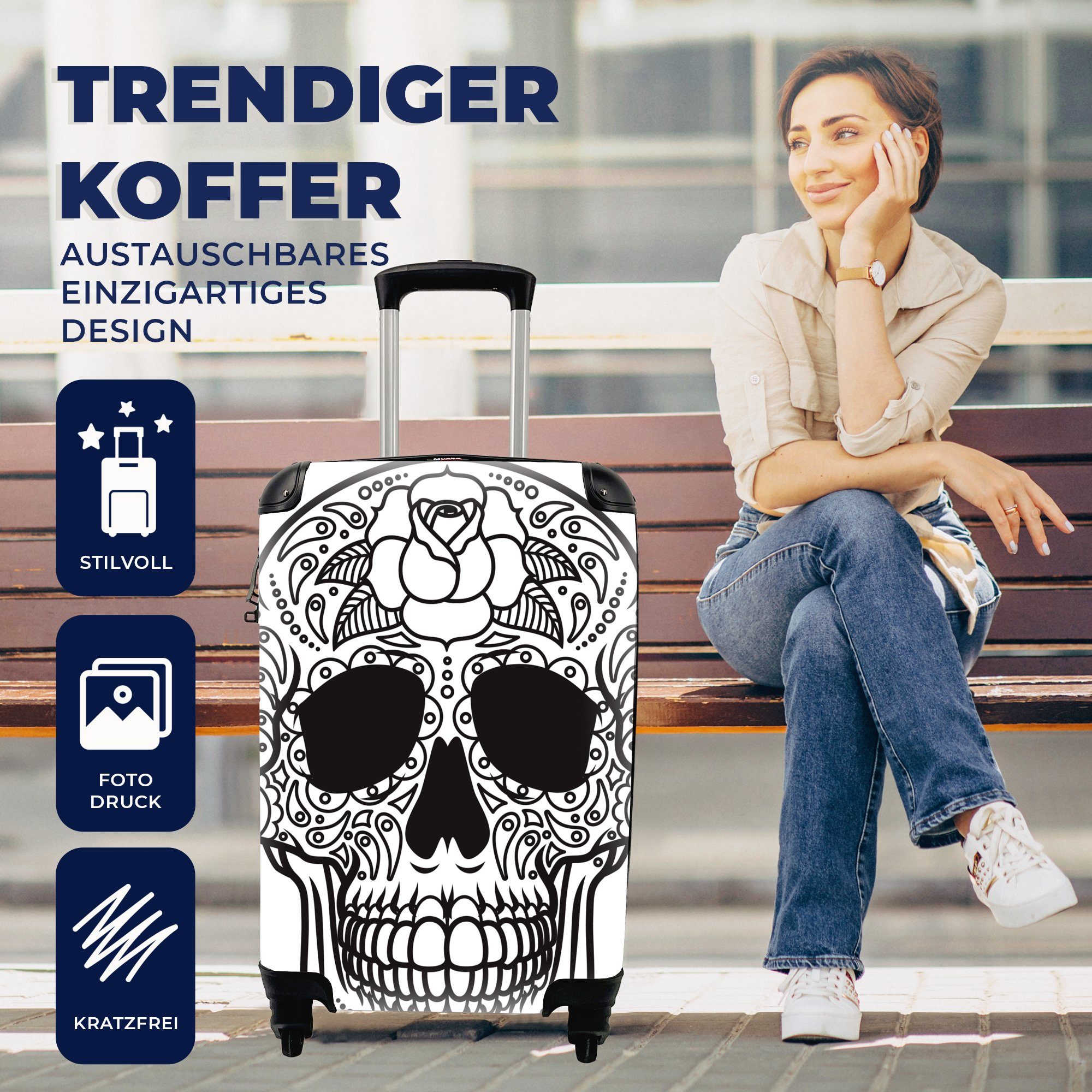 MuchoWow Handgepäckkoffer Eine schwarz-weiße Illustration eines Dias De Los Muertos-Schädels, 4 Rollen, Reisetasche mit rollen, Handgepäck für Ferien, Trolley, Reisekoffer
