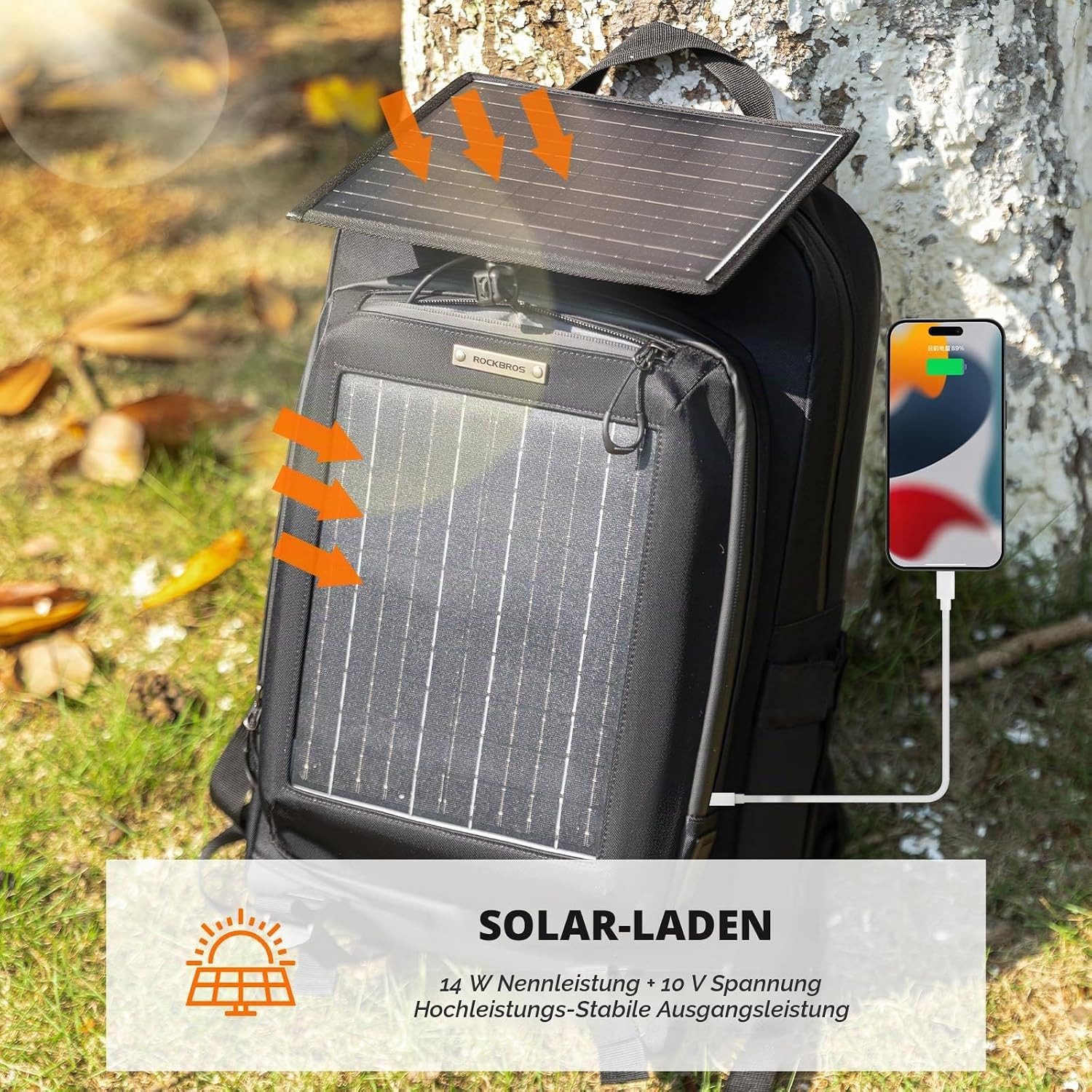 ROCKBROS Fahrradrucksack 20L Solarrucksack mit Solarpanel und USB-Anschluss Schwarz