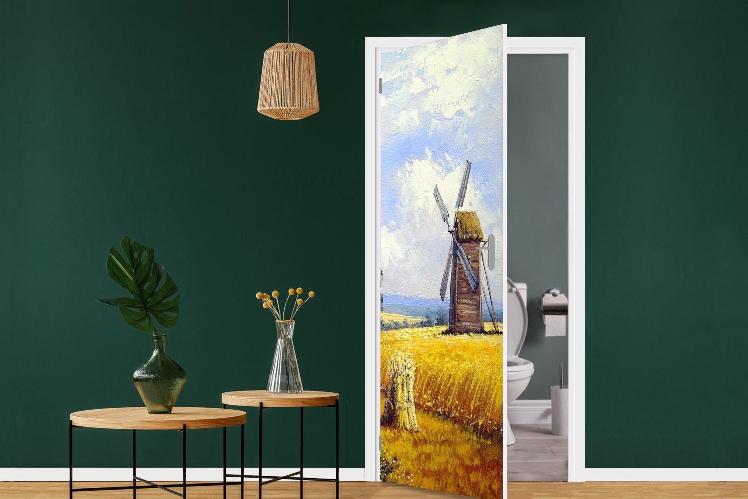 MuchoWow Türtapete Gemälde - für Tür, Matt, Mühle bedruckt, Ölfarbe, St), - cm Türaufkleber, - (1 Bauernhof 75x205 Fototapete