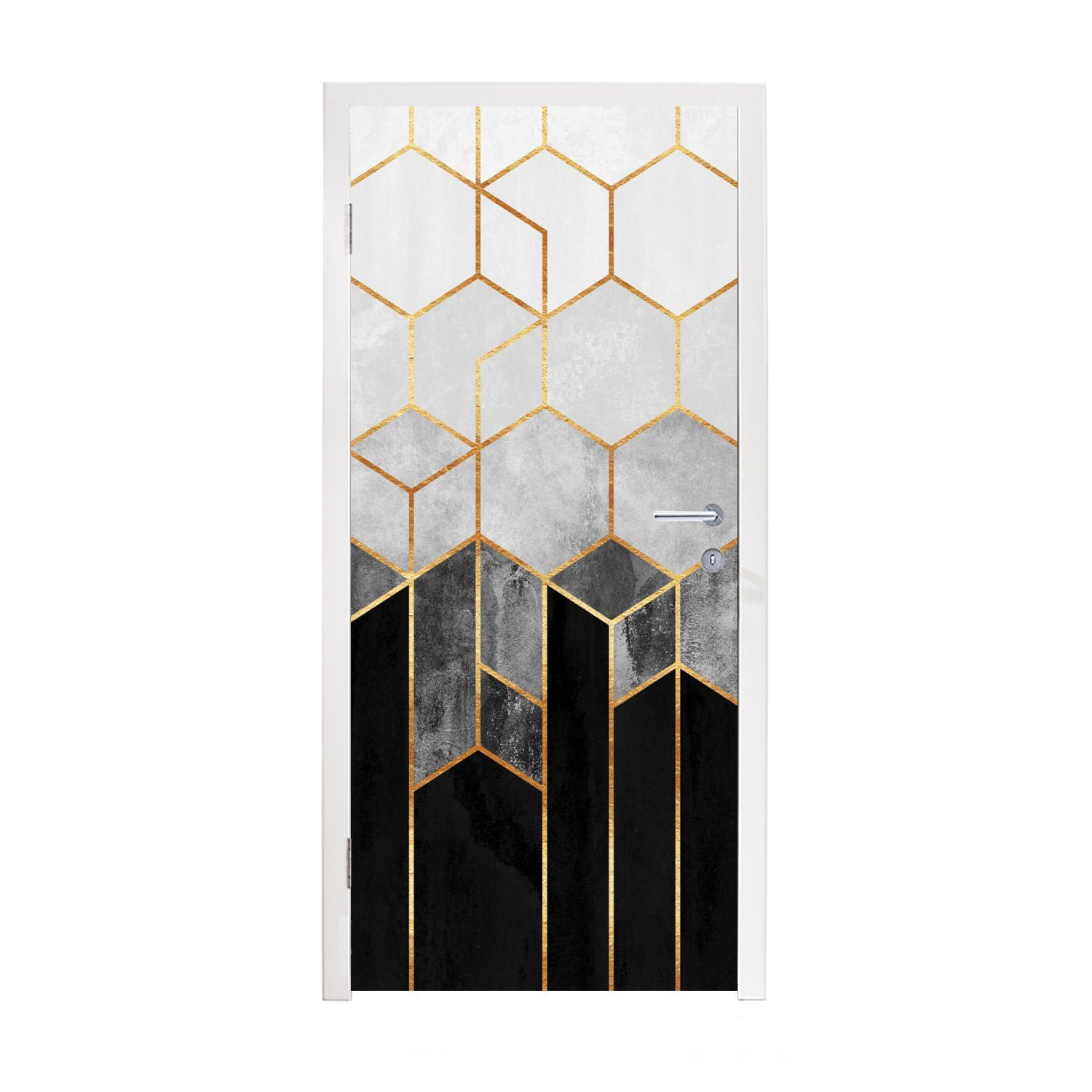 MuchoWow Türtapete Gold - Sechseck - Chic - Muster - Luxus, Matt, bedruckt, (1 St), Selbstklebende Tapete, Folie für Möbel, 75x205 cm
