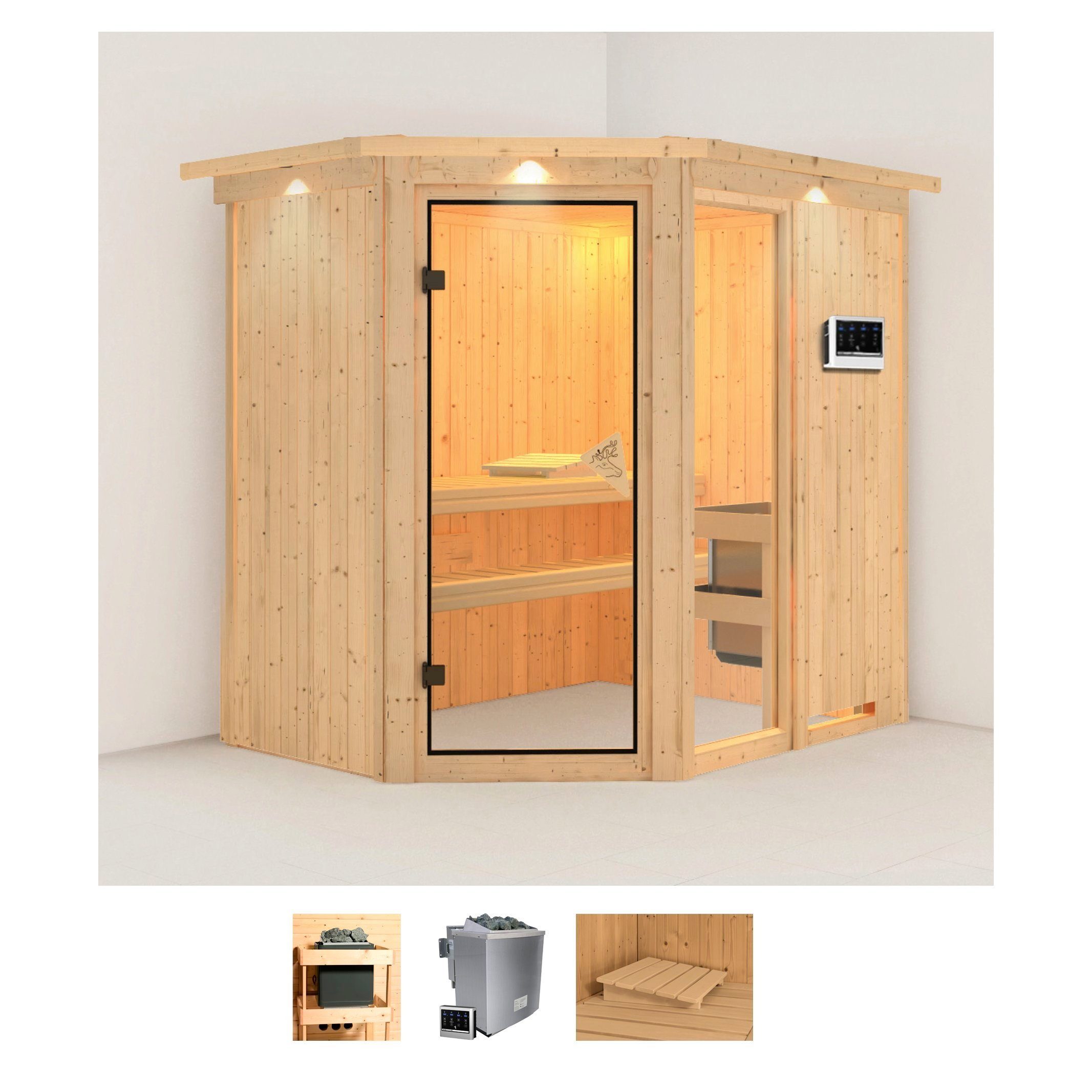 Karibu Sauna Frigga 1, BxTxH: 210 x 165 x 202 cm, 68 mm, (Set) 9-kW-Bio-Ofen mit externer Steuerung