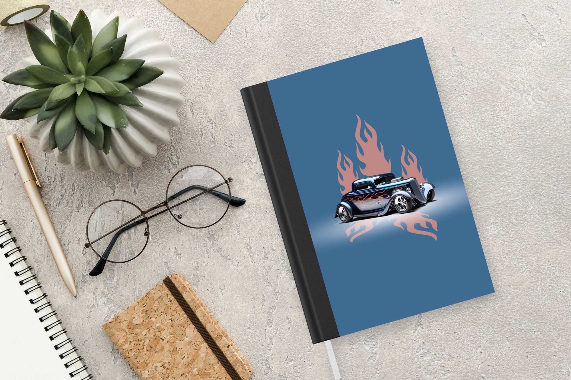 Auto Journal, Vintage, Notizbuch - - Flammen Blau Seiten, - A5, MuchoWow Notizheft, Merkzettel, Tagebuch, Haushaltsbuch 98