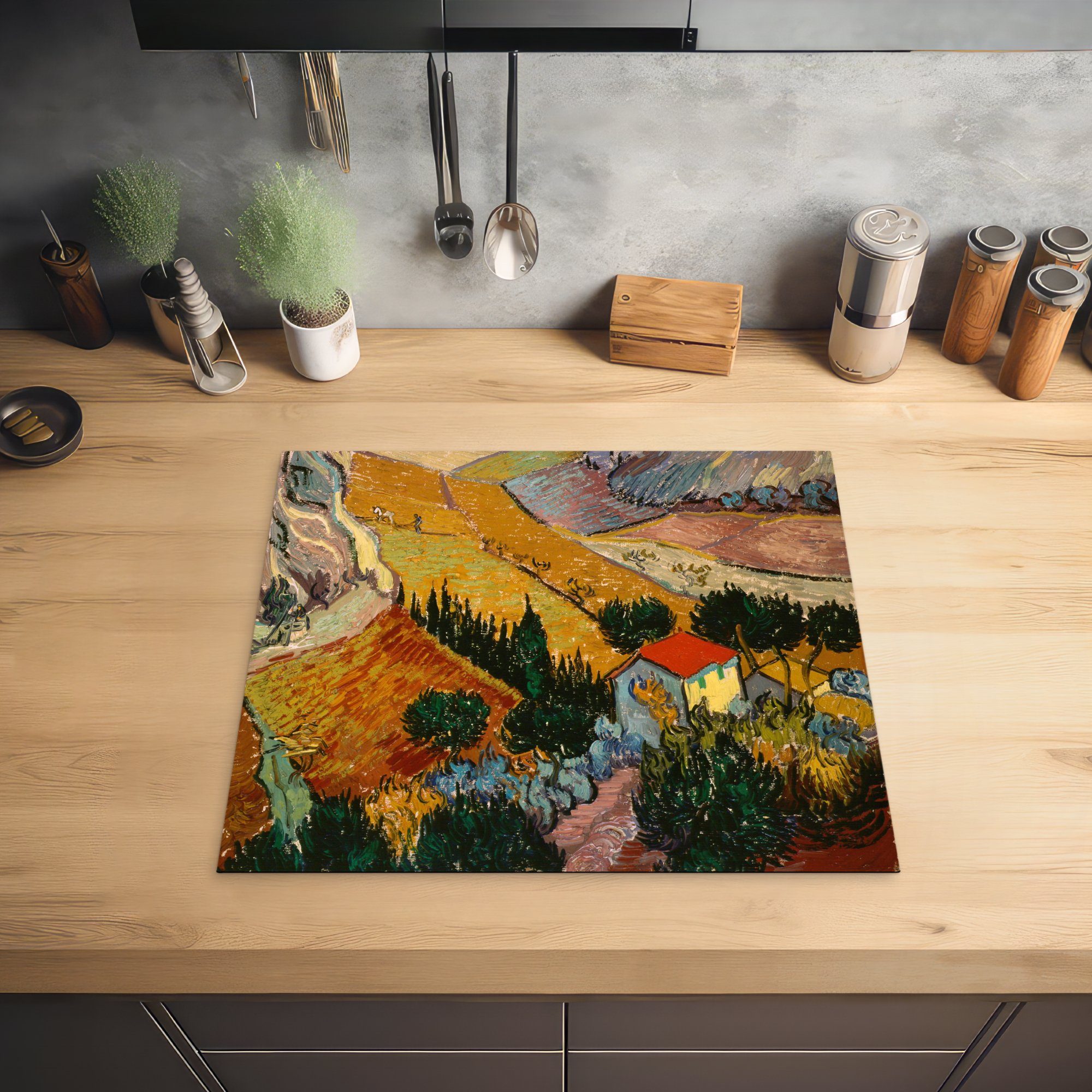 (1 - 59x52 einem Haus Landschaft einem cm, Vinyl, MuchoWow für Induktionsmatte Vincent die mit Ackerbauern küche, Ceranfeldabdeckung und Gogh, van tlg), Herdblende-/Abdeckplatte