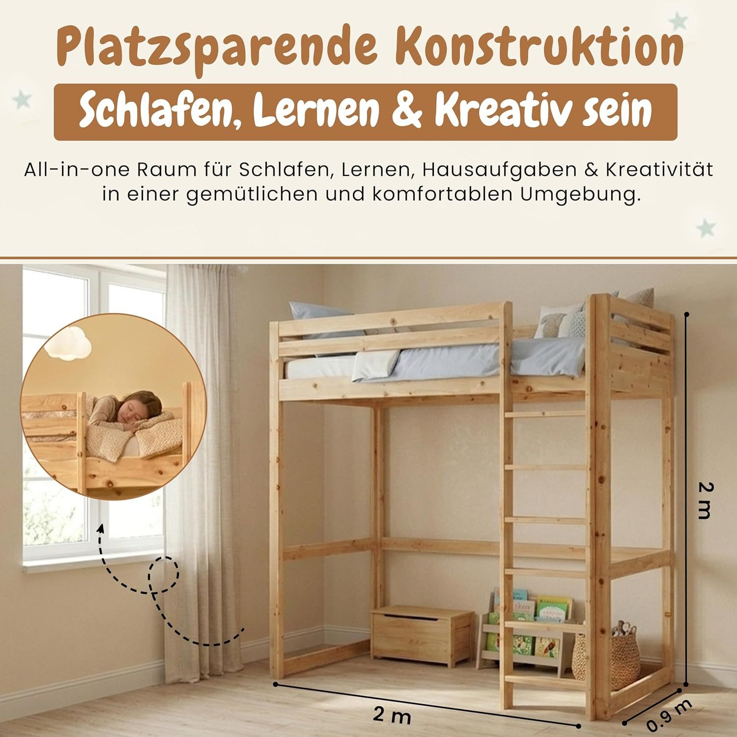 geborgenschlafen Hochbett Zirbe Massivholz – mit Schreibtischarbeitsplatz & Lattenrost inkl. Rausfallschutz - Handgefertigt im Familienbetrieb Jena