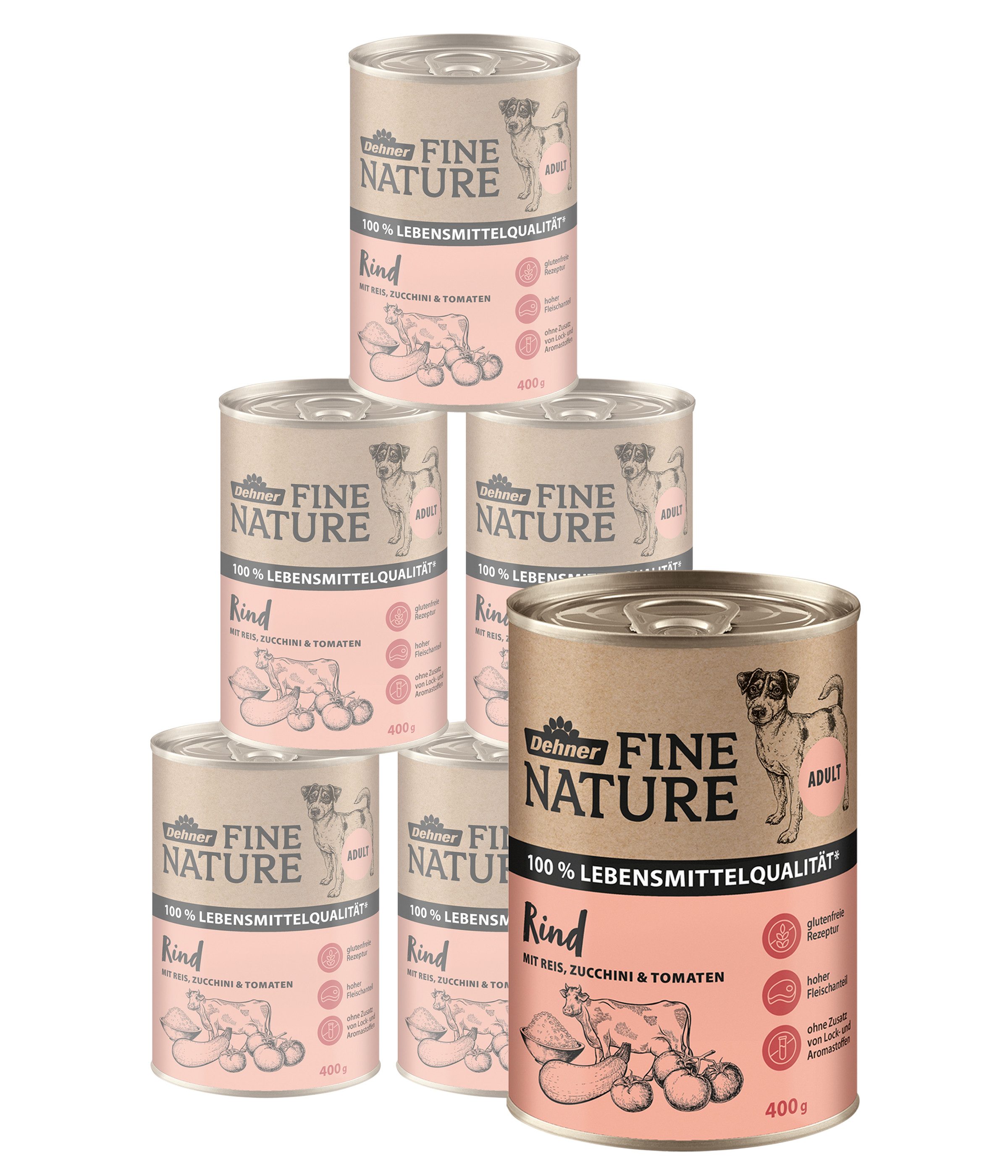 Dehner Fine Nature Adult Rind / Reis / Zucchini, 6 x 200 / 400 / 800 g Dose Rind, 2400g, Nassfutter für ausgewachsene Hunde
