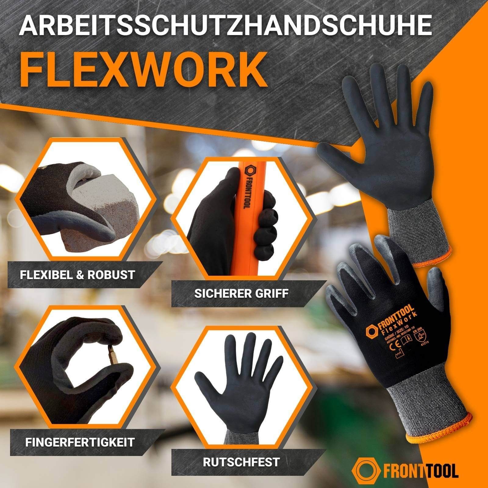 Fronttool Nitril-Handschuhe Arbeitshandschuhe FlexWork Schutzhandschuhe Gartenhandschuhe 12 Paar (Spar-Set)