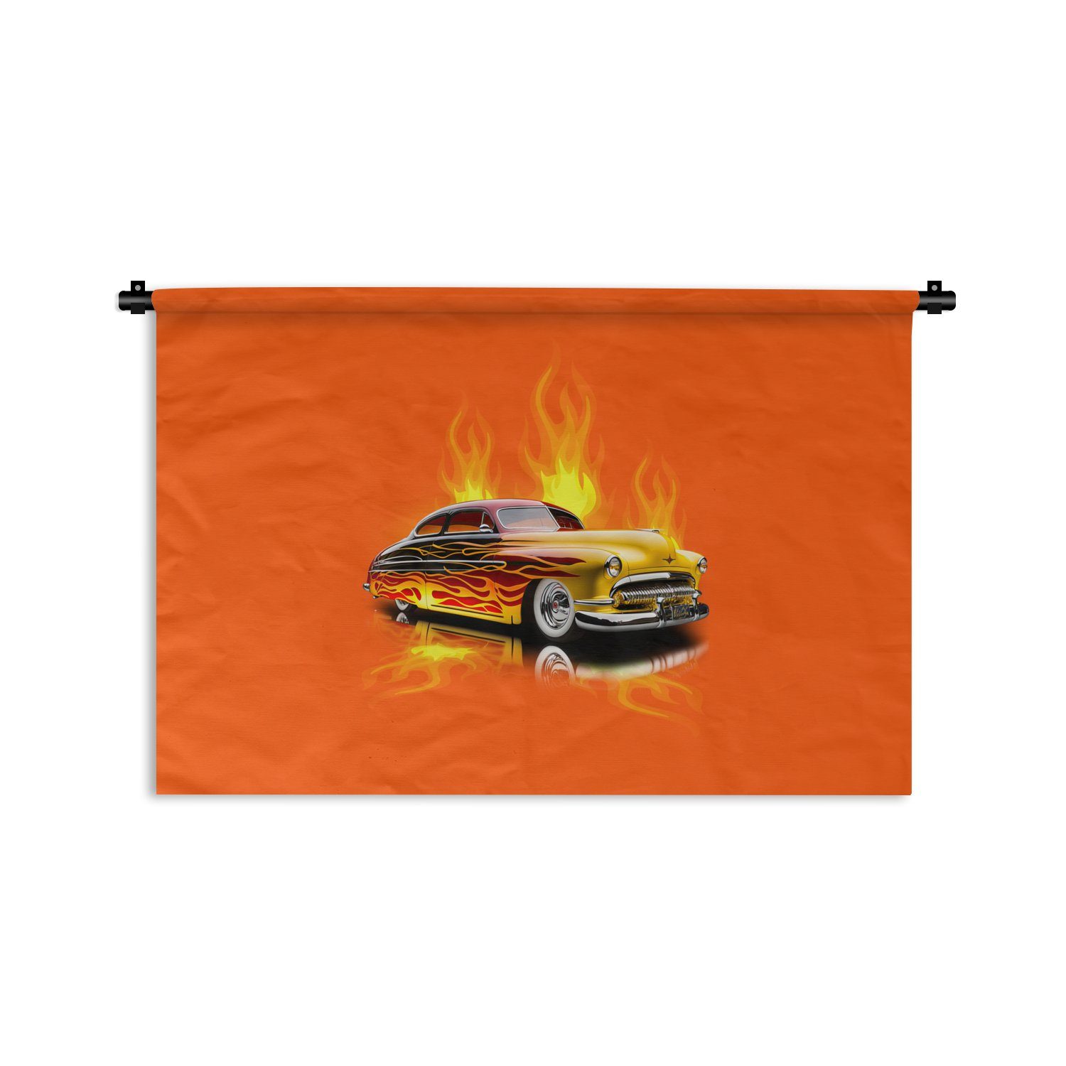 MuchoWow Wanddekoobjekt Auto - Flammen - Orange - Feuer - Vintage, Wanddeko für Wohnzimmer, Schlafzimmer, Kleid, Wandbehang, Kinderzimmer