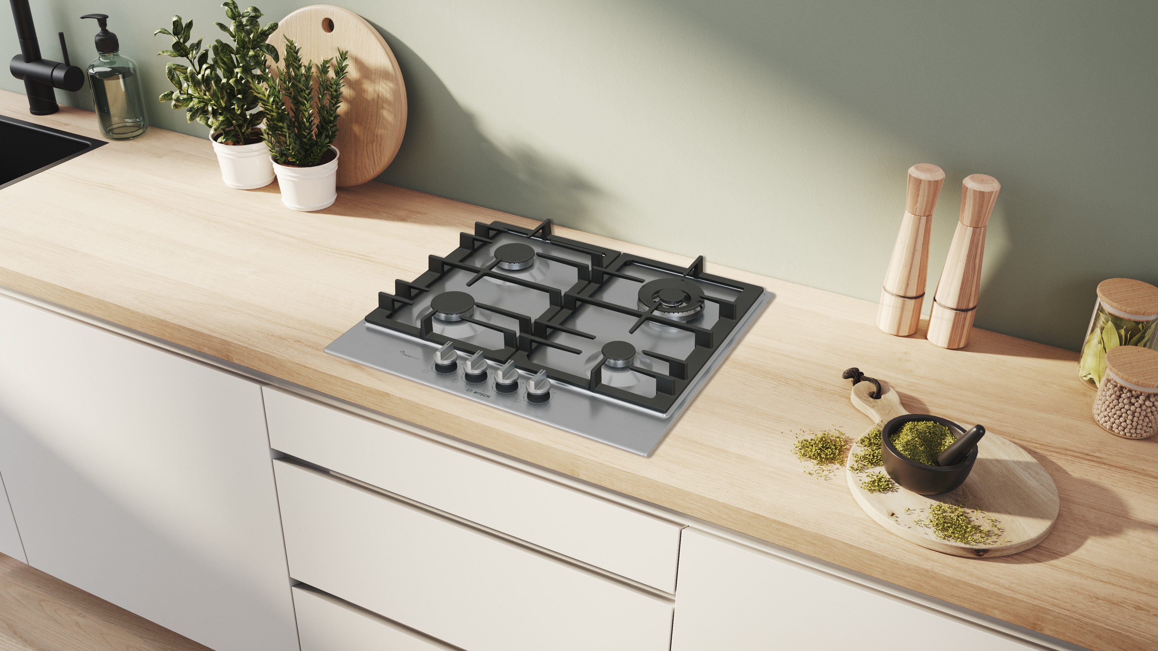BOSCH Gas-Kochfeld Serie 6 PCH6A5I90, Präzises FlameSelect & robuste, durchgehende Gusseisen-Topfträger