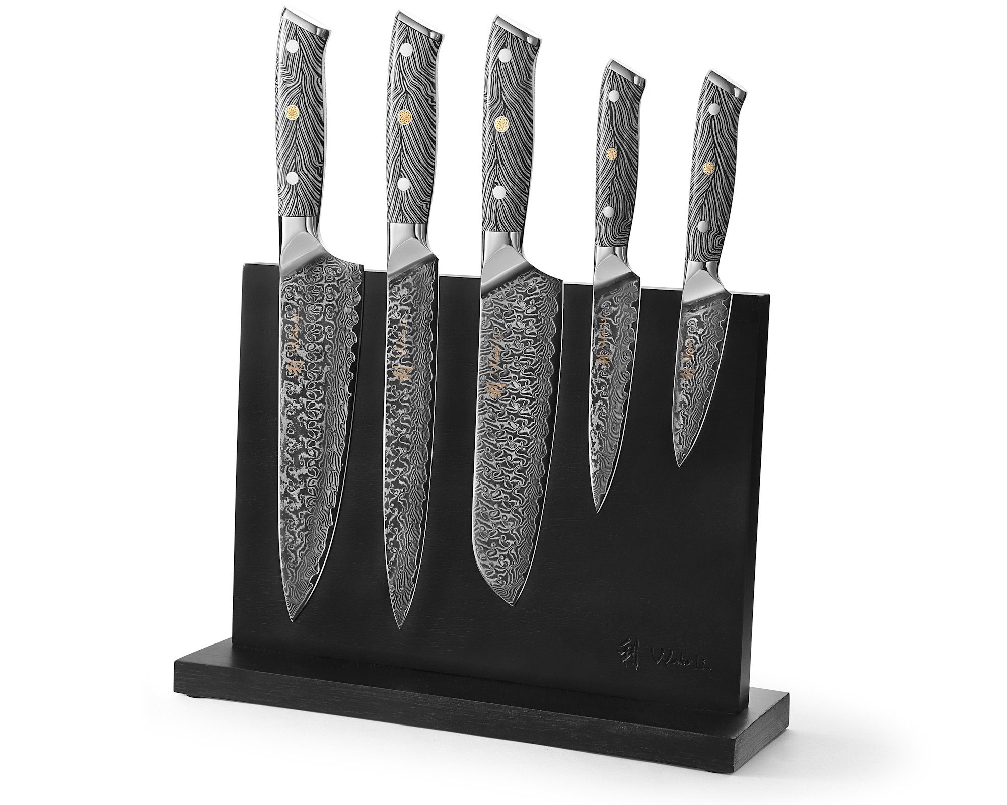 Wakoli Messer-Set NoirBlanc I 5 Küchenmesser & magnetischer Messerblock (Damastmesser mit Messerblock, 6-tlg., 5 Damastmesser, magn. Messerblock), Damaststahl, VG-10