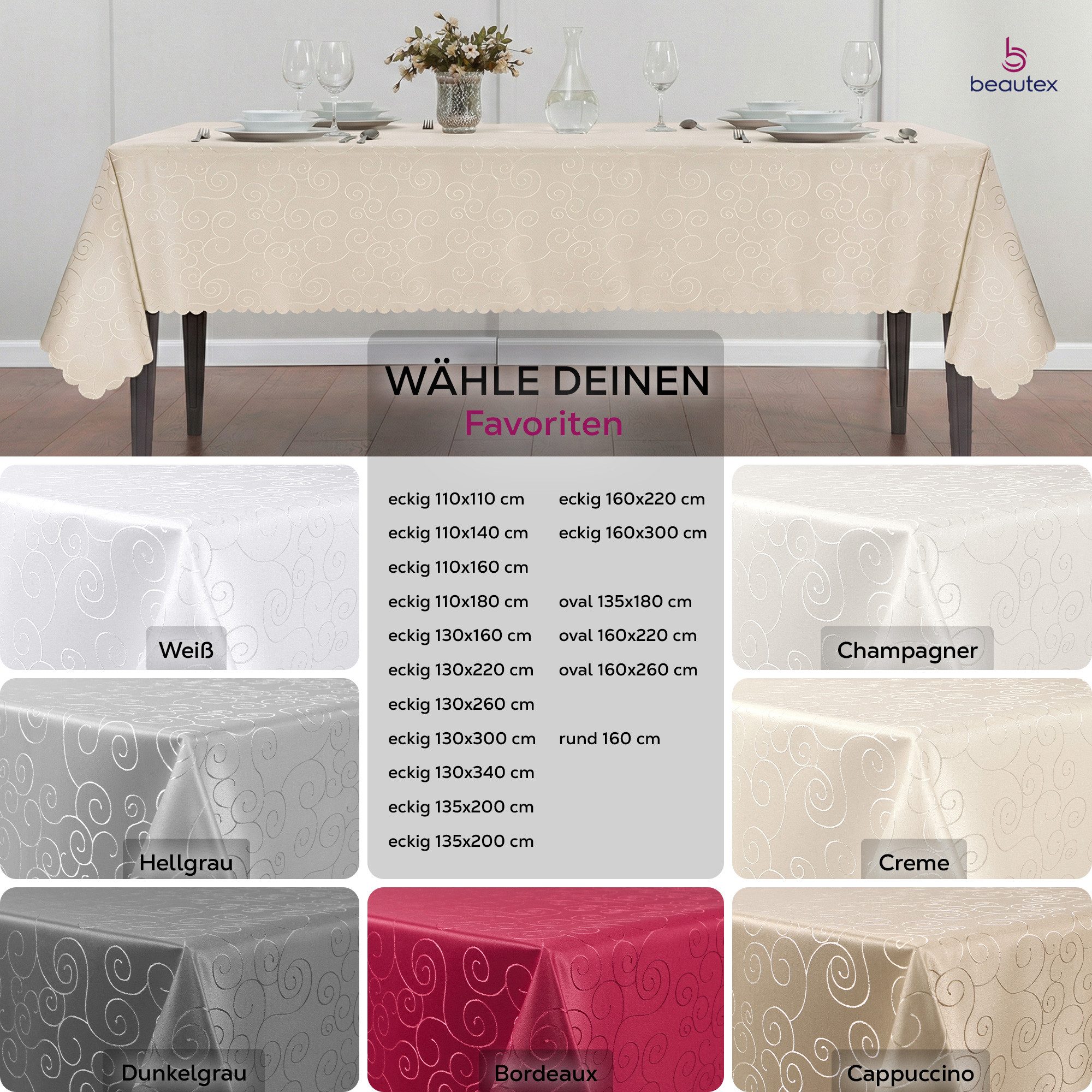 Beautex Tischdecke Damast Ornamente bügelfrei fleckenabweisend pflegeleichte Tischwäsche (1-tlg), Lotuseffekt, Formstabil, Strapazierfähig, Eleganter Glanz, Kni – Bild 5 von 5