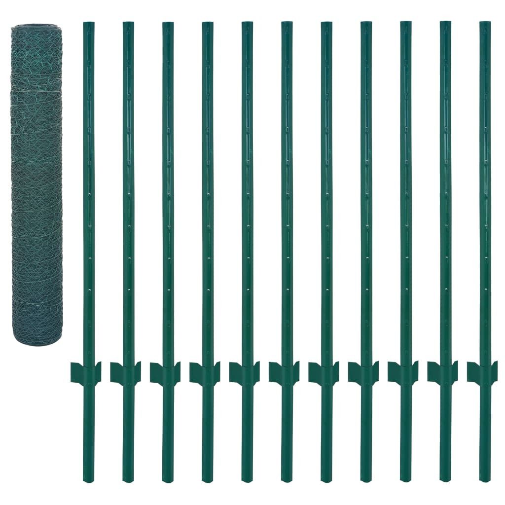vidaXL Gartenzaun Maschendrahtzaun mit Pfosten Stahl 25 x 1 m Grün, (1-St)
