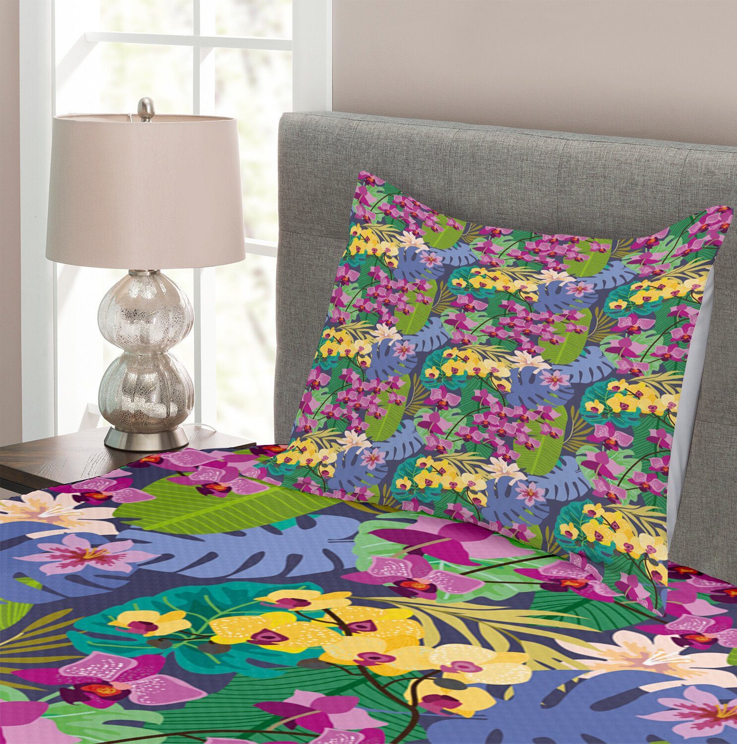Tagesdecke Set mit Kissenbezügen Waschbar, Blumen Abakuhaus, Blätter Botanische Blüten Orchideen