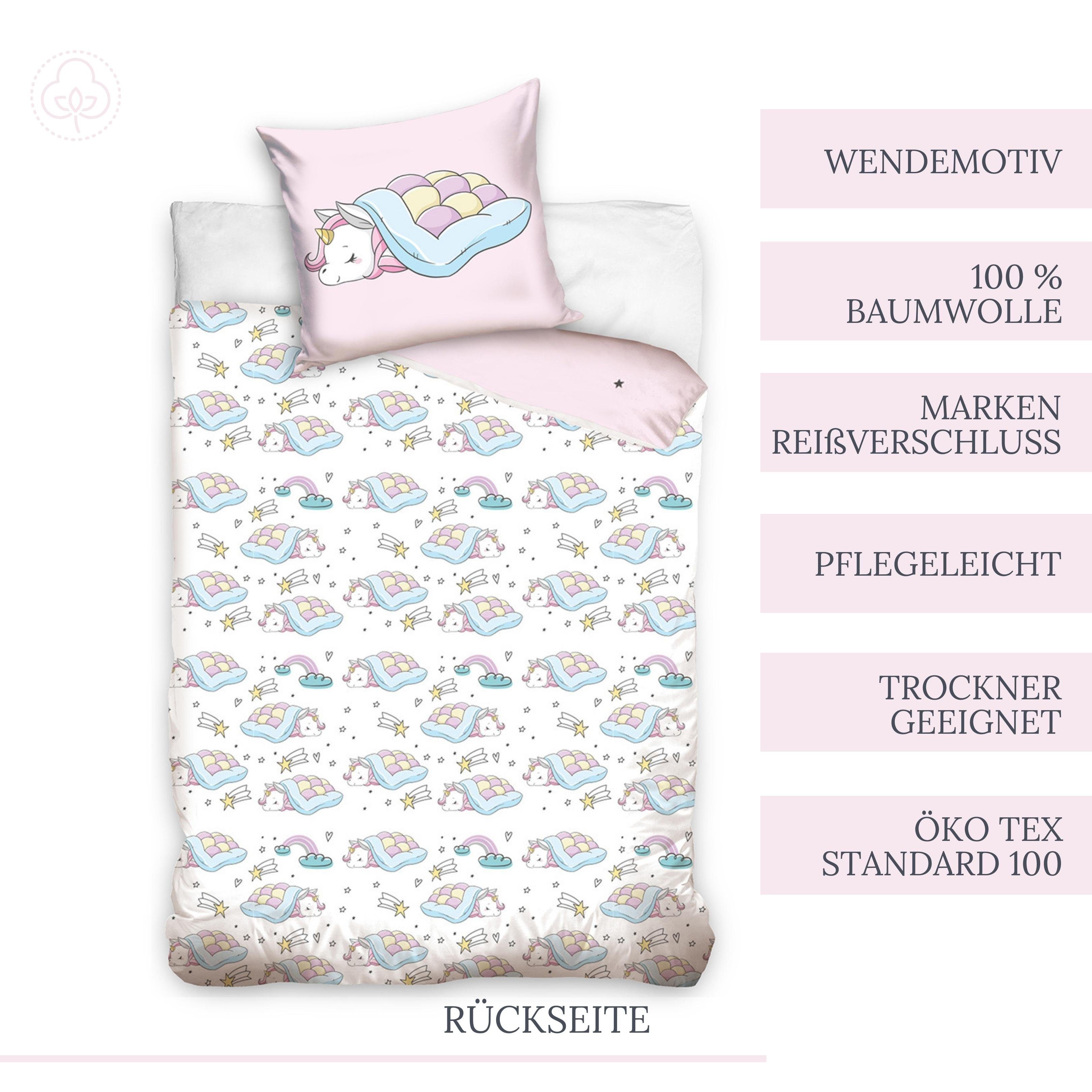 MTOnlinehandel Kinderbettwäsche Einhorn 135x200 + 80x80 cm, 100 % Baumwolle, Renforcé, 2 teilig, hautfreundlich mit Reißverschluss, Mädchen-Bettwäsche, Teenager