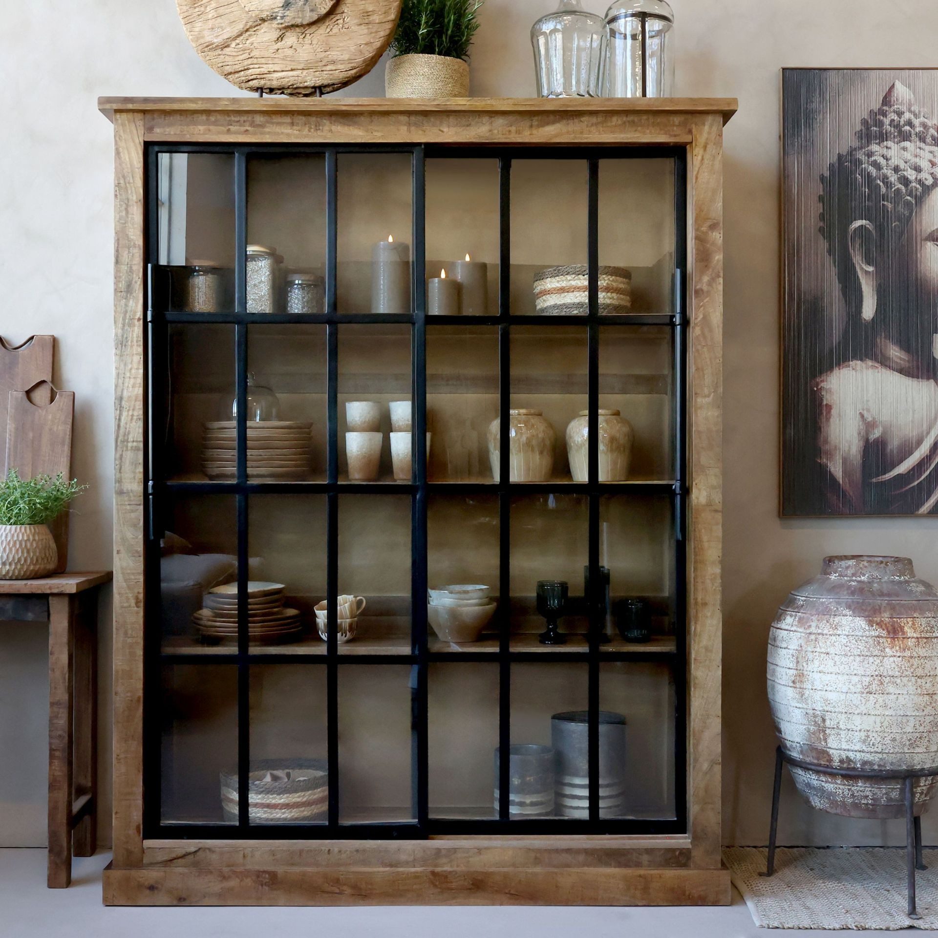 Chic Antique Vitrine Vintage Geschirrschrank Paris Mangoholz Glas 190