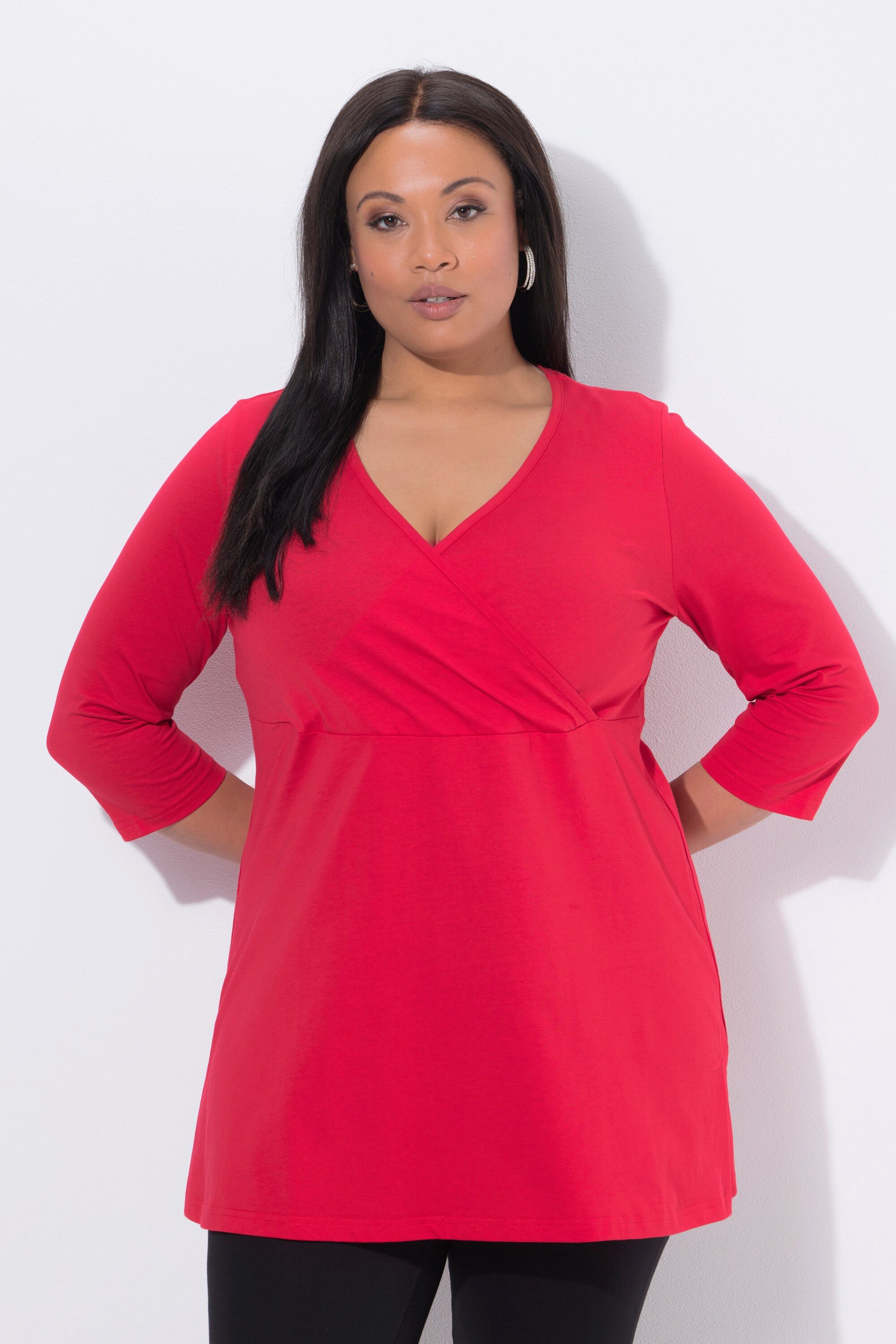 Ulla Popken Longshirt Longshirt Wickeloptik A-Linie V-Ausschnitt 3/4-Arm