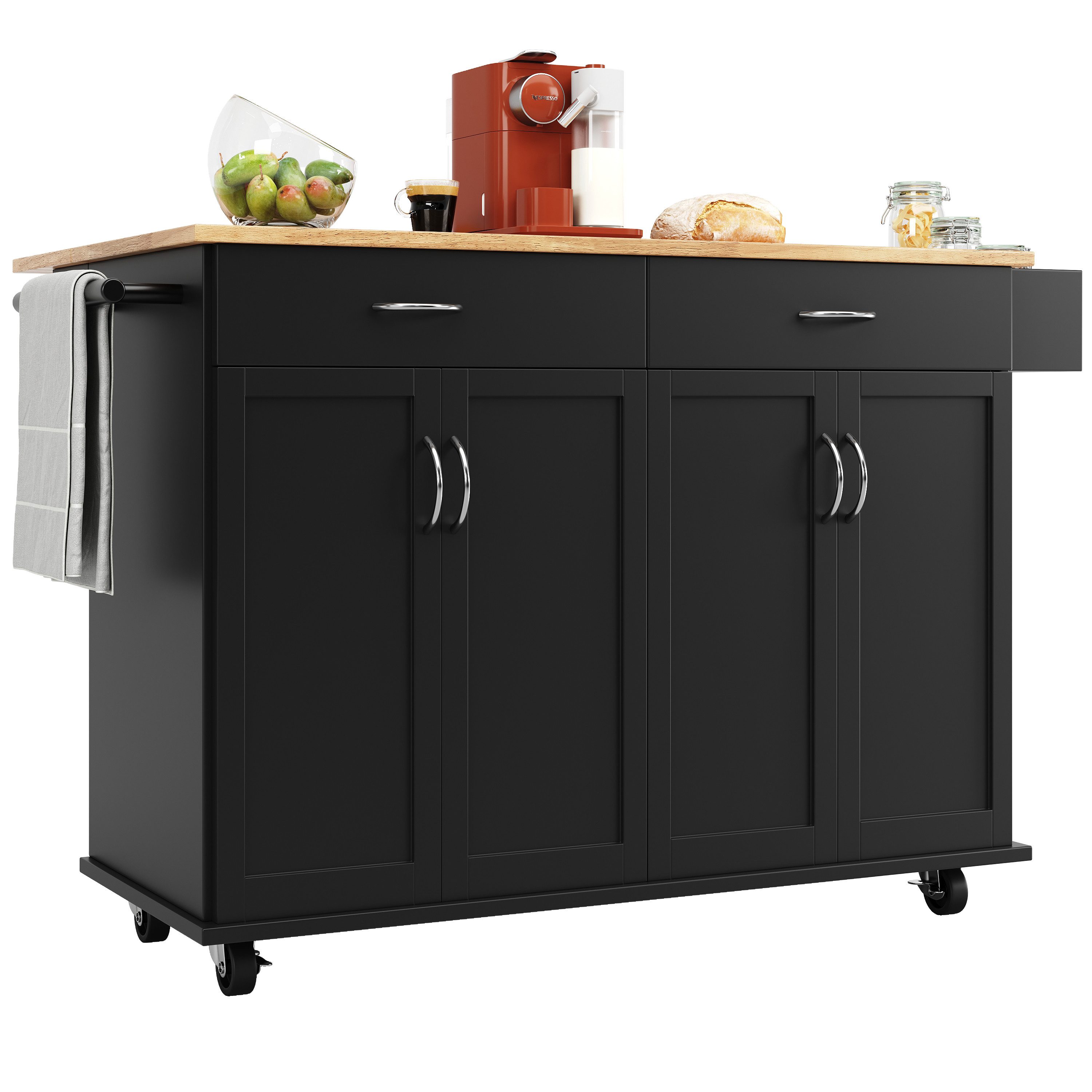 i@home Kücheninsel Küchenschrank, buffetschrank, Speisewagen mit Holzmaserung, (Bis 60 kg belastbar, 4 Schiebetüren und 2 Schubladen), Multifunktionale Esstisch mit Speicherraum, Schwarz